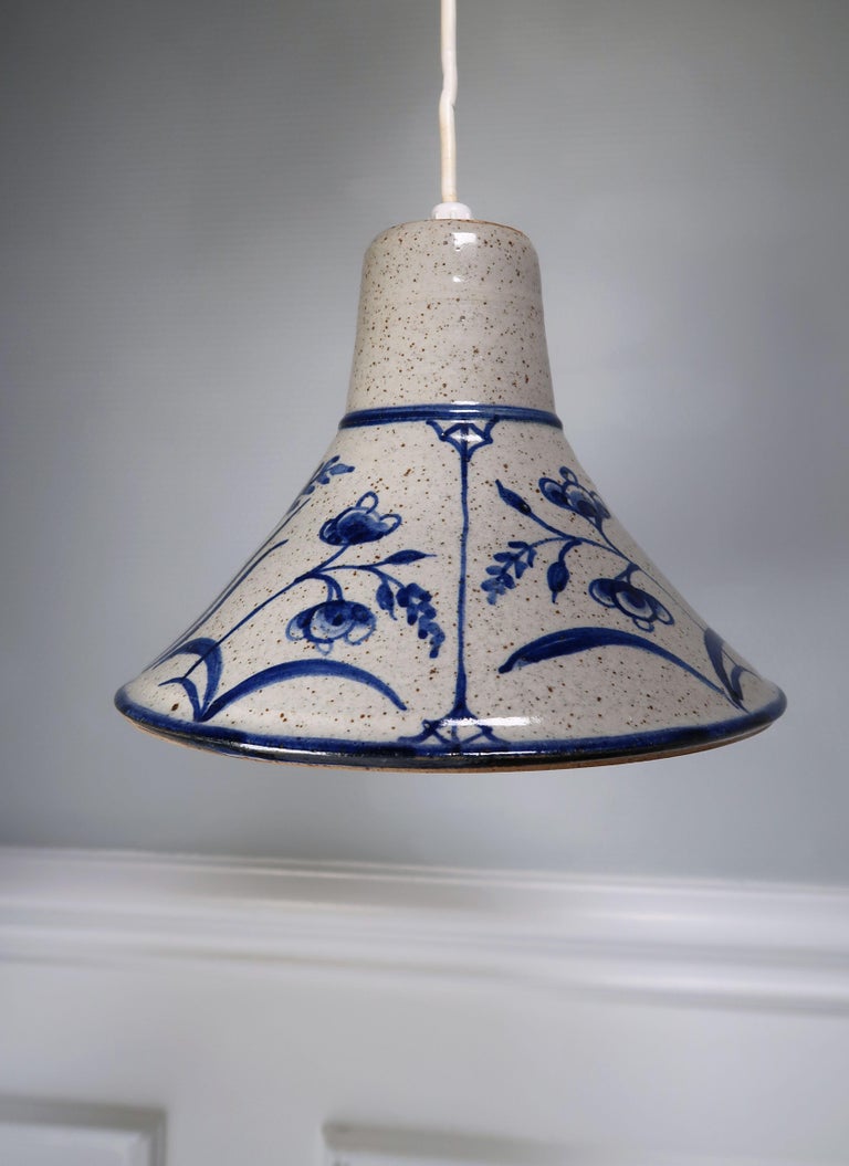 Romantic nordic allmoge style ceiling light. Danish midcentury modern handmade stoneware pendant with warm grey glaze over handpainted navy and light blue flowers, leaves and delicate organic lines. Manufactured by Danish Willer Ceramics. Beautiful