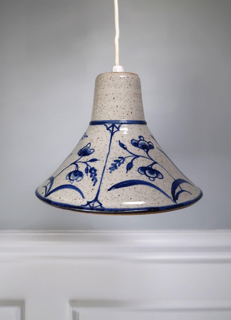 Mid-Century Modern Danish Midcentury Stoneware Handmade Pendant with Blue Flowers, 1960s For Sale