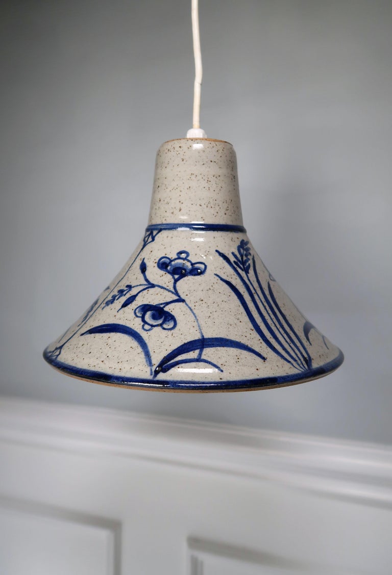 Glazed Danish Midcentury Stoneware Handmade Pendant with Blue Flowers, 1960s For Sale