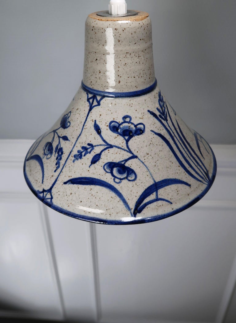 Danish Midcentury Stoneware Handmade Pendant with Blue Flowers, 1960s In Good Condition For Sale In Copenhagen, DK