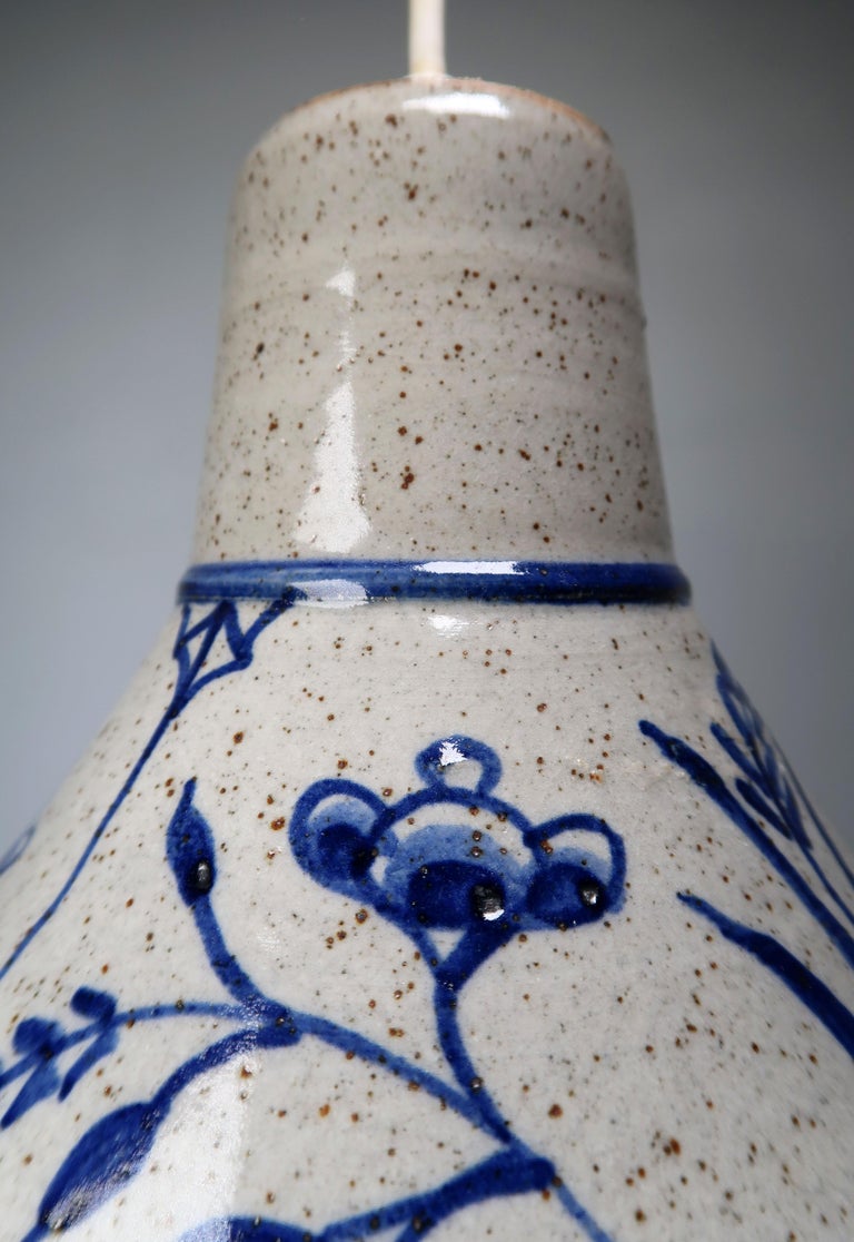 Danish Midcentury Stoneware Handmade Pendant with Blue Flowers, 1960s For Sale 1