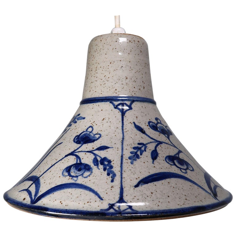 Danish Midcentury Stoneware Handmade Pendant with Blue Flowers, 1960s For Sale