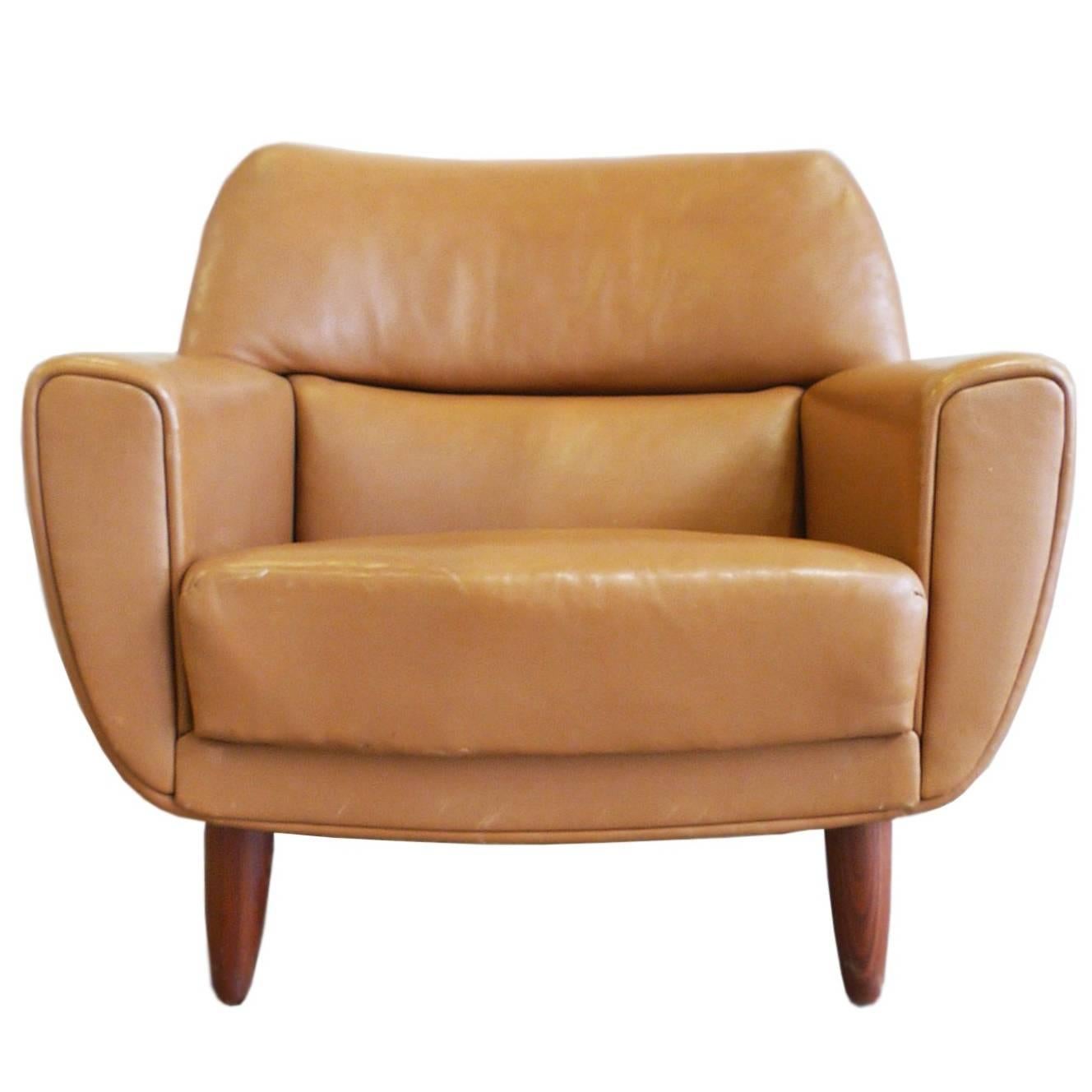 Danish Midcentury Tan Leather Lounge Chair by Illum Wikkelsø