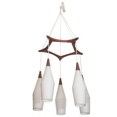 Danish Midcentury Teak Frame Chandelier with Milk Glass Shades by Holmegaard