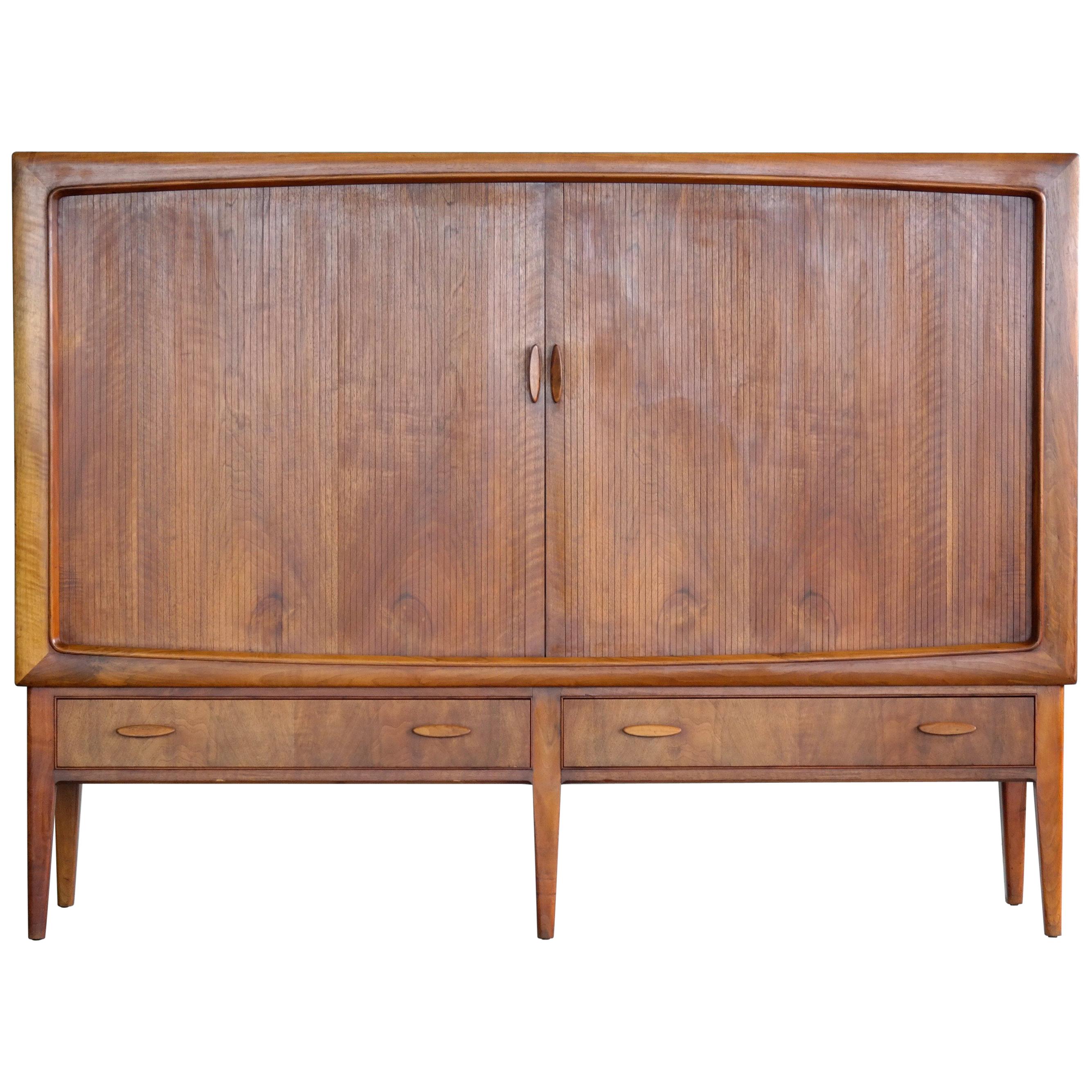 Danish Midcentury Teak Sideboard or Credenza with Tambour Doors, 1950s