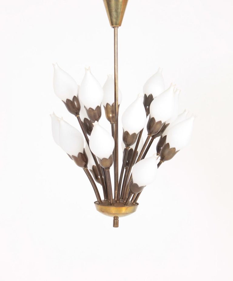 Danish Midcentury Tulip Chandelier in Brass and Glass by Fog and Mørup