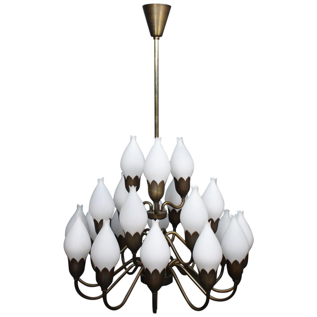 Danish Midcentury Tulip Chandelier in Brass and Glass by Fog & Mørup, 1950s