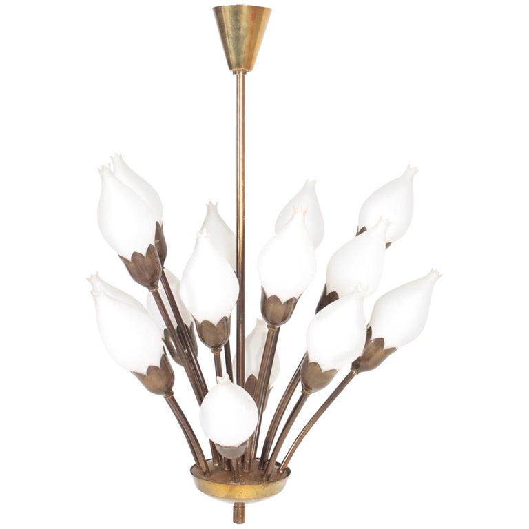 Danish Midcentury Tulip Chandelier in Brass and Glass by Fog and Mørup