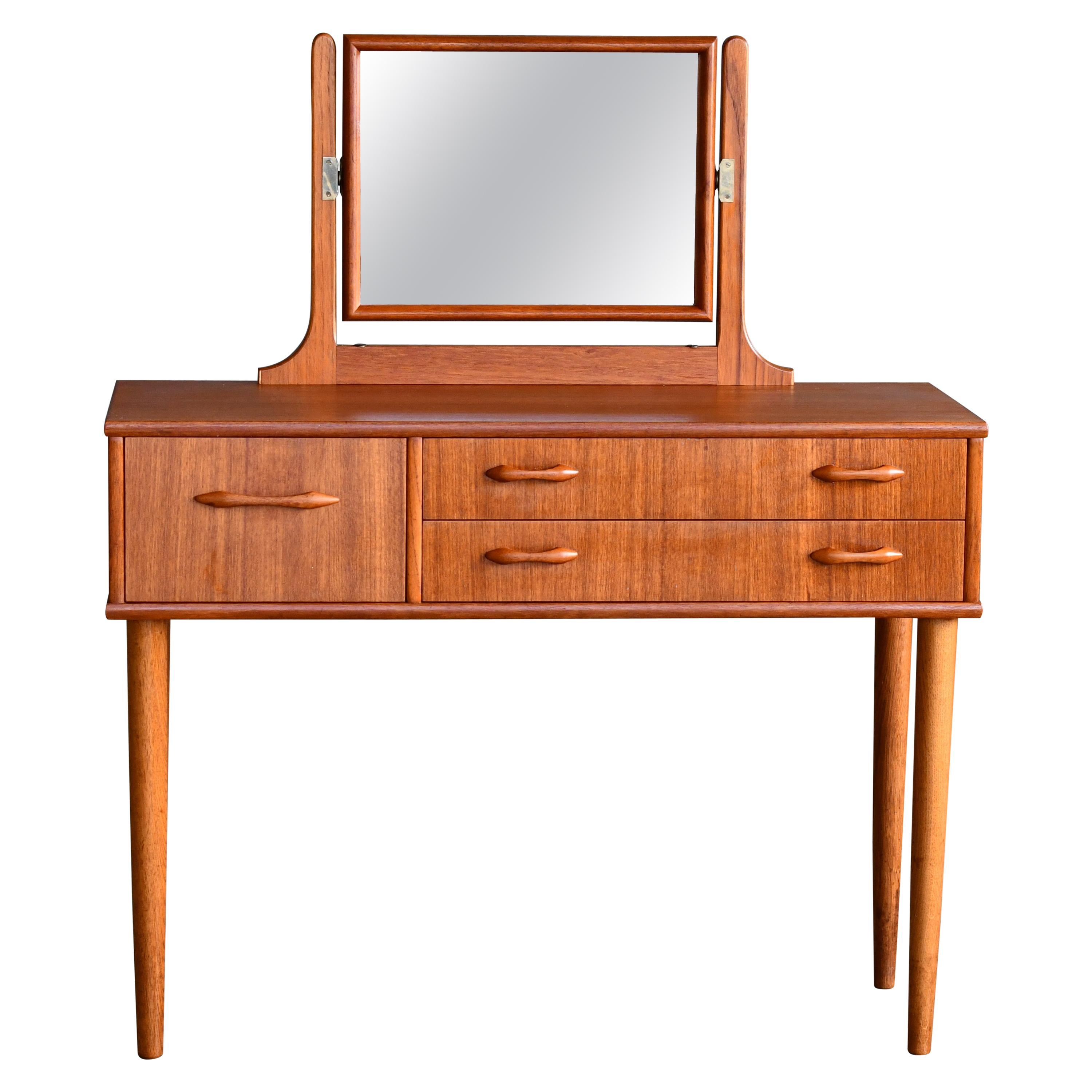 Danish Midcentury Vanity or Dressing Table in Teak with Mirror and Drawers