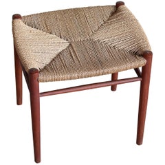 Danish Midcentury Vanity Stool in Solid Teak with Rush Seat, 1950s