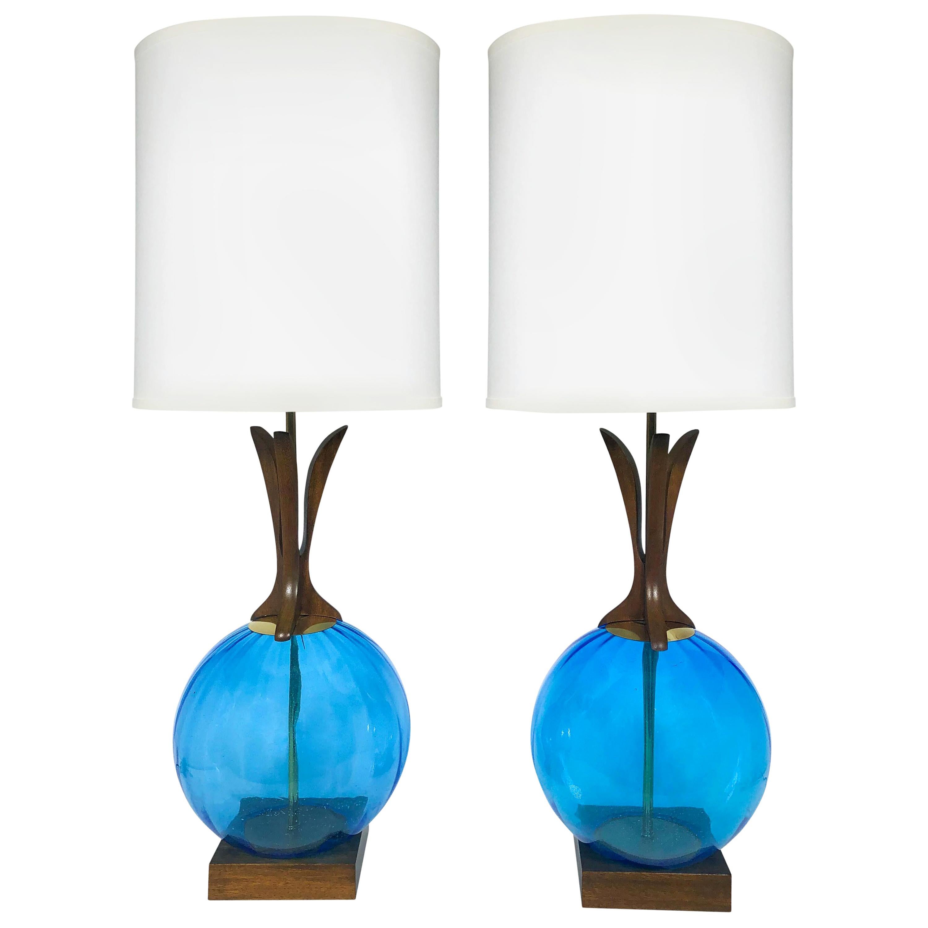 Danish Midcentury Walnut and Blue Glass Lamps, a Pair