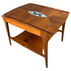 Vintage Danish Midcentury Walnut Sculpted Side Table with Enameled Insert of Birds