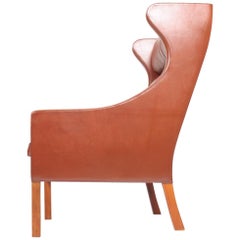 Danish Midcentury Wing Back Chair in Patinated Leather by Børge Mogensen