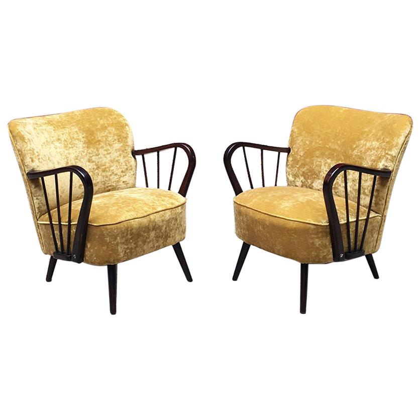 Danish Midcentury Wood Structure and MustardColored Velvet Armchairs
