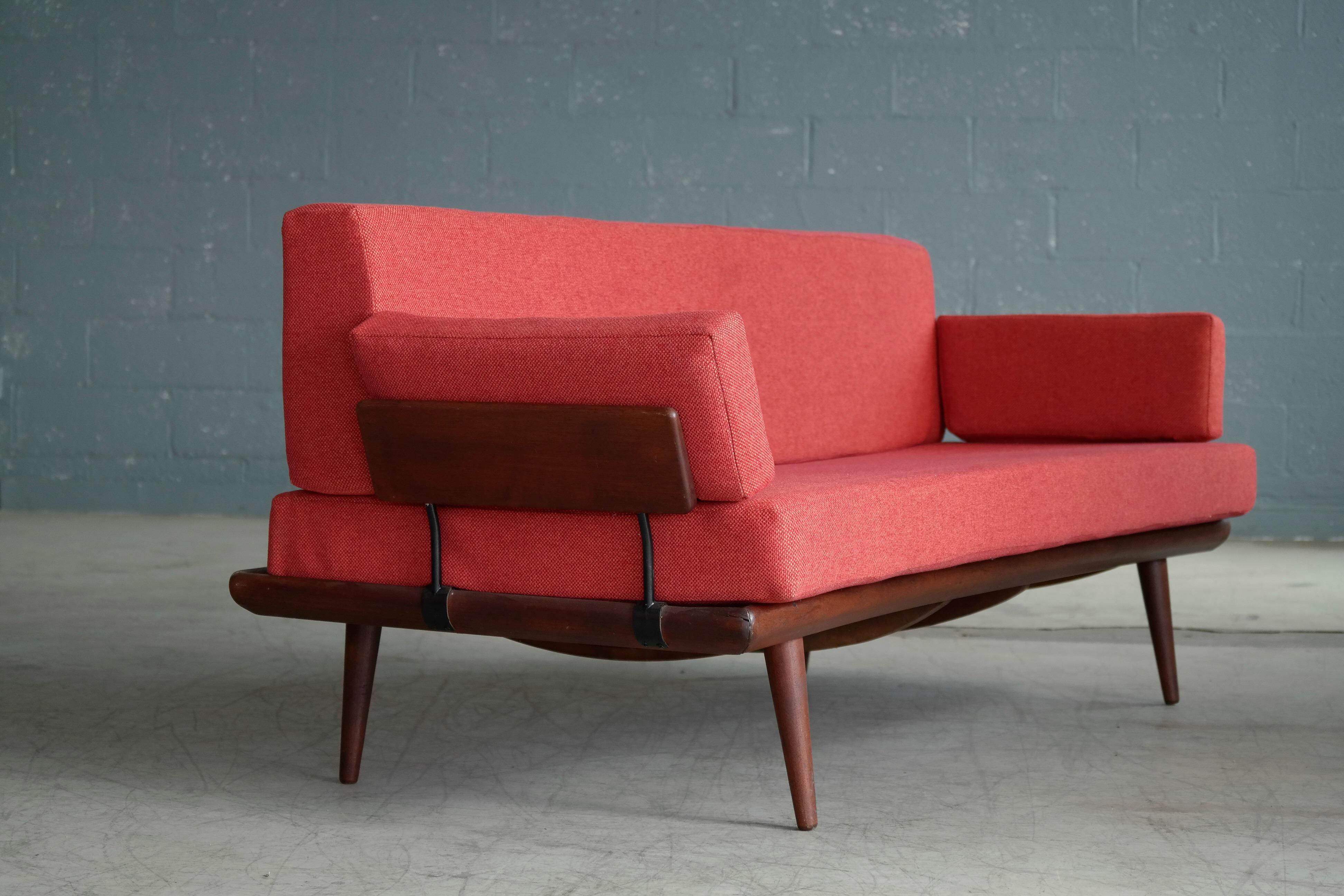 A model Minerva sofa/daybed one of the most Classic and sought after Danish sofas from the famous design duo of Peter Hvidt and Orla Mølgaard-Nielsen for France and Son. New foam and new upholstery in a nice midcentury texture fabric that Stand in