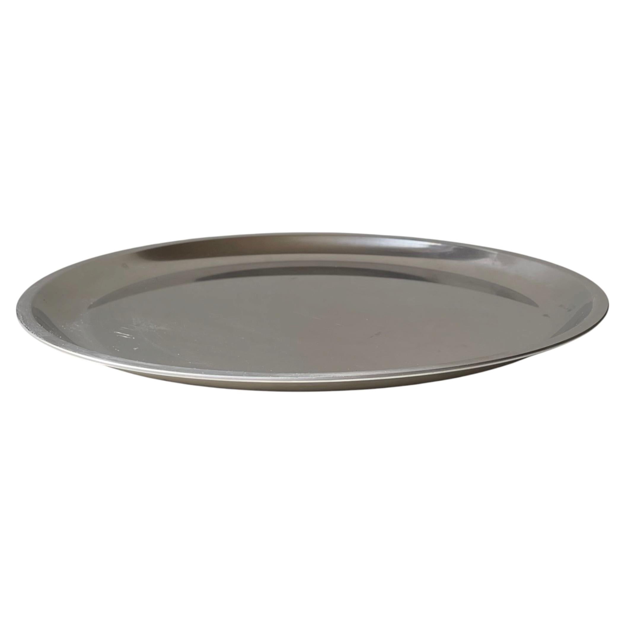 Plateau circulaire minimaliste danois en acier inoxydable par JENO Danish Design, années 1970