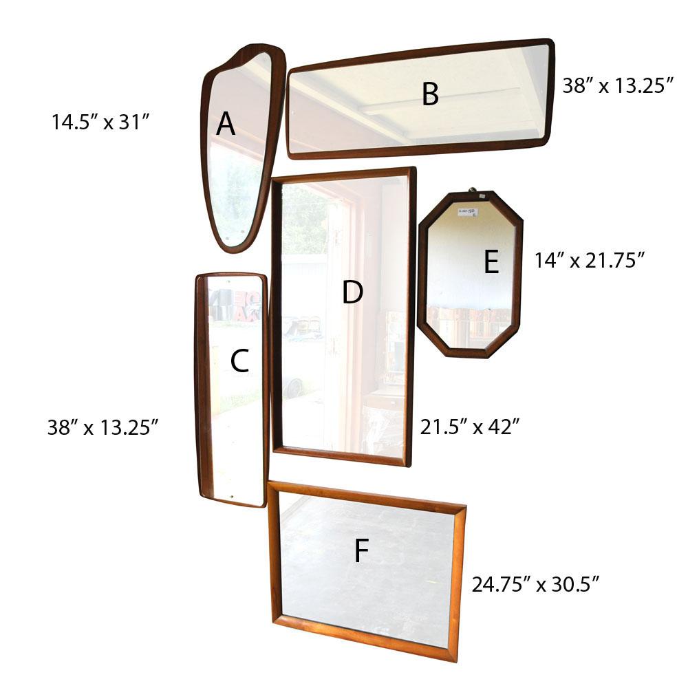 Danish mirrors,  Teak frames, these five mirrors have a lot of character and will look good in any home separated. Price is for one mirror. 

Individual dimensions:

A: Width 31