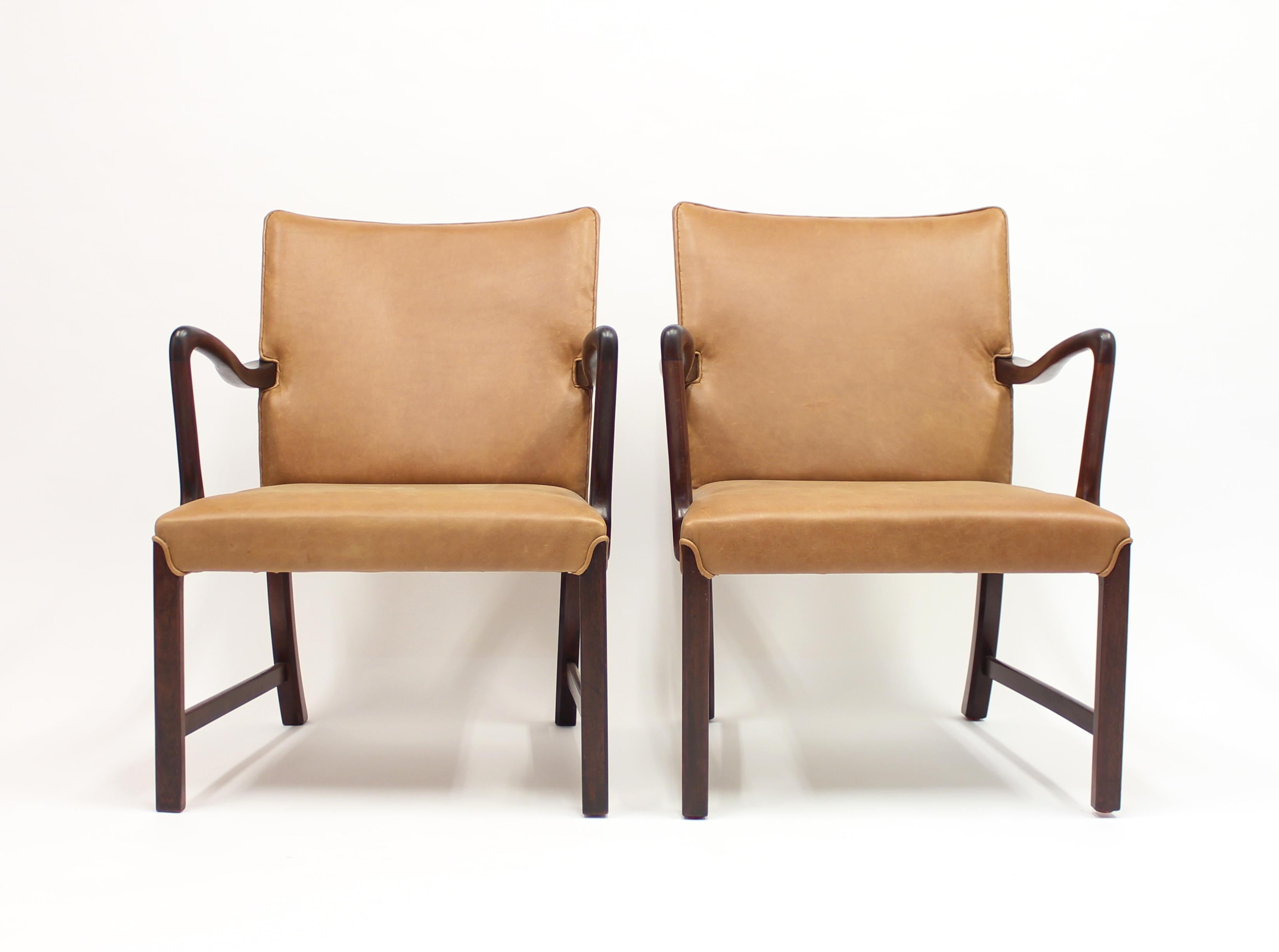 Leather Danish Model 1756 Easy Chairs, Ole Wanscher for Fritz Hansen, 1940s, Set of Two