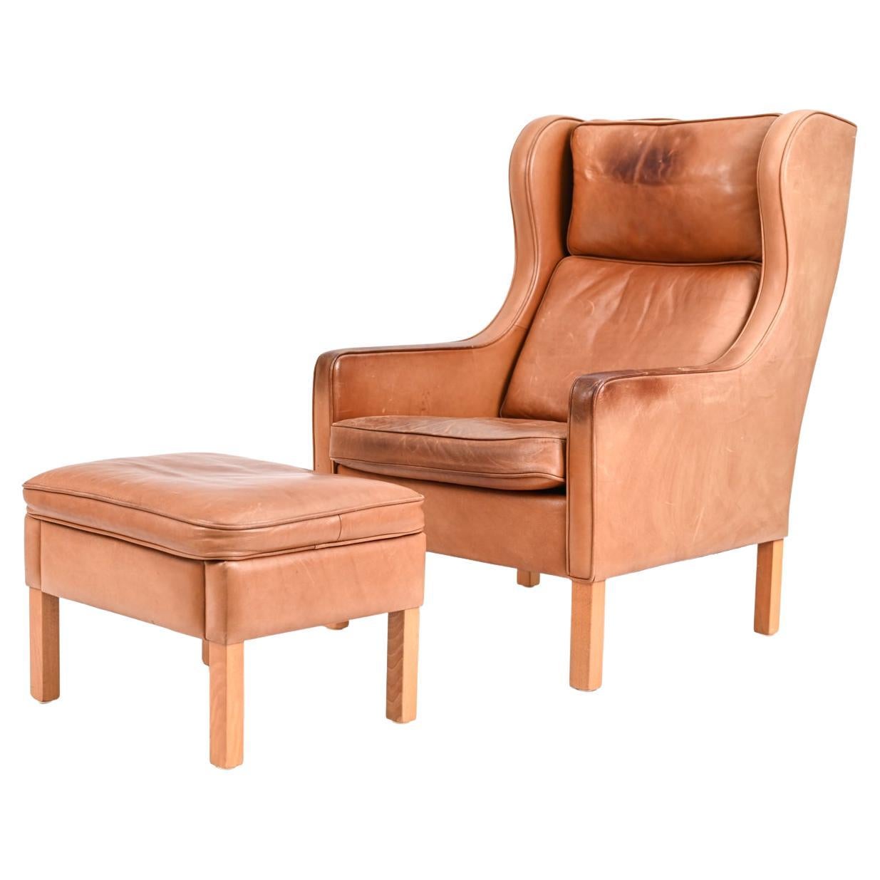 Danish "Model 195" Patinated Leather Wingback Chair & Ottoman by Mogens Hansen