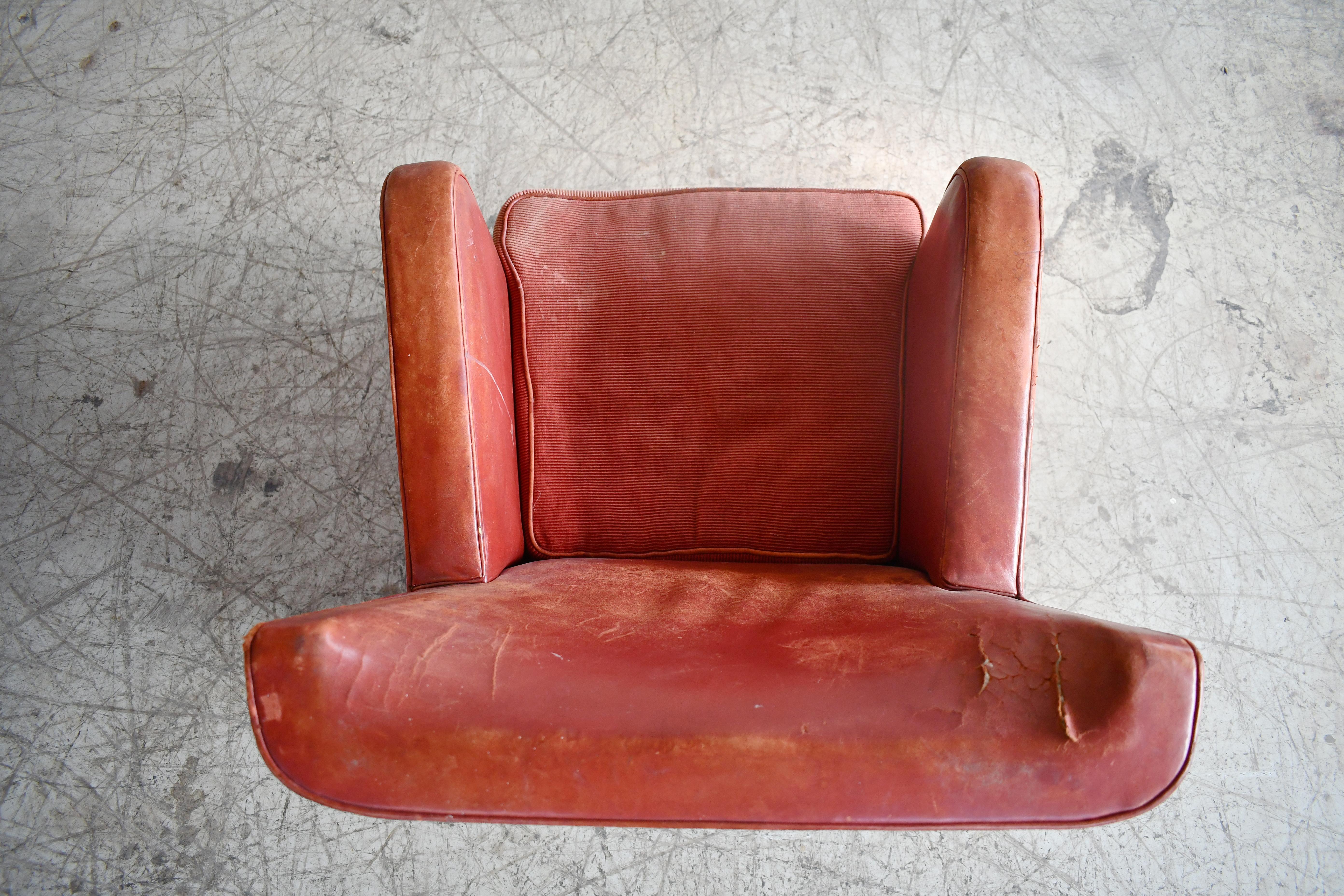 Mid-20th Century Danish Modern 1930's Geometric Lounge Chair in Reddish Leather V For Sale
