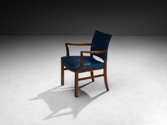 Danish Modern 1940s Armchair in Blue Leather and Mahogany