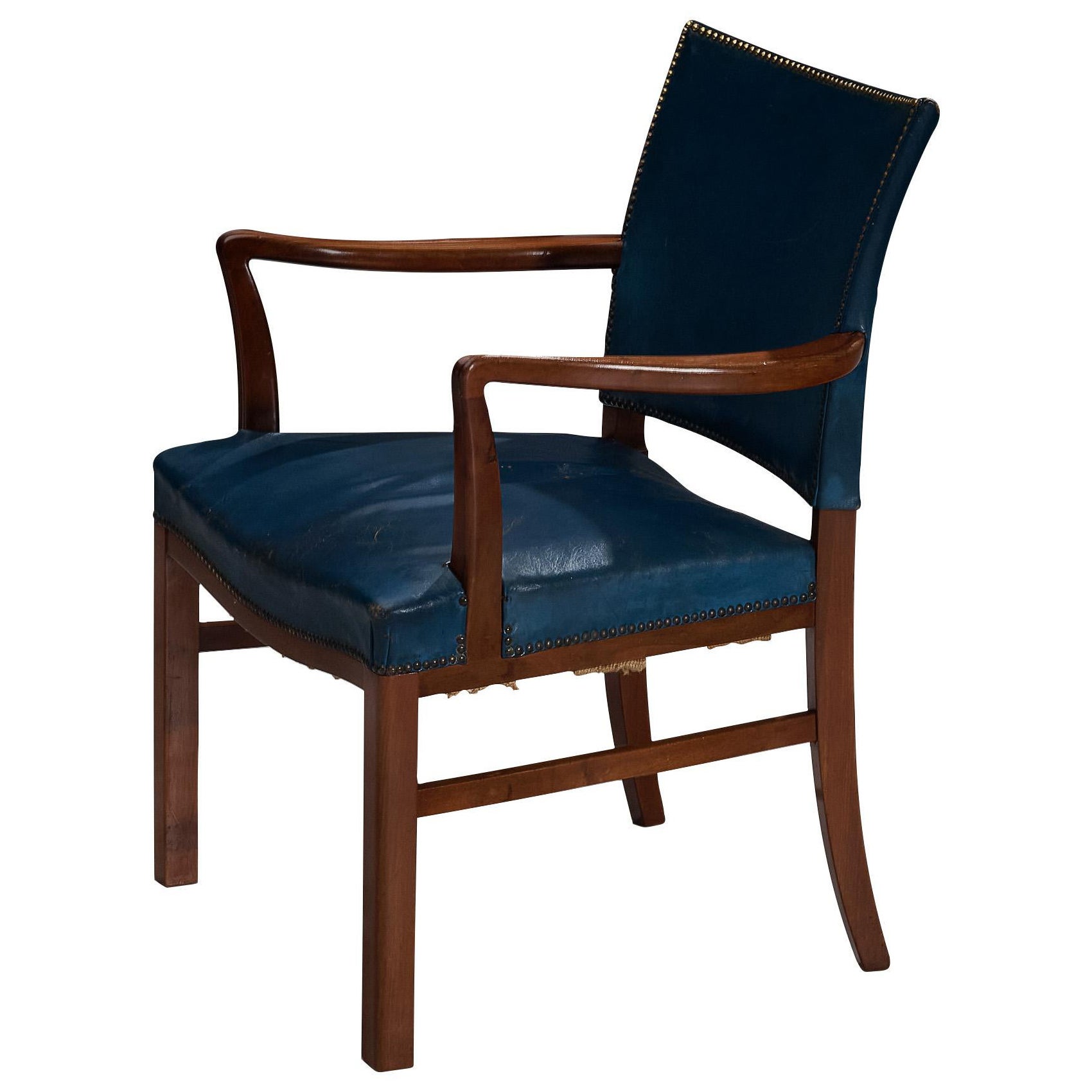Poltrona moderna danese degli anni '40 in pelle blu e mogano