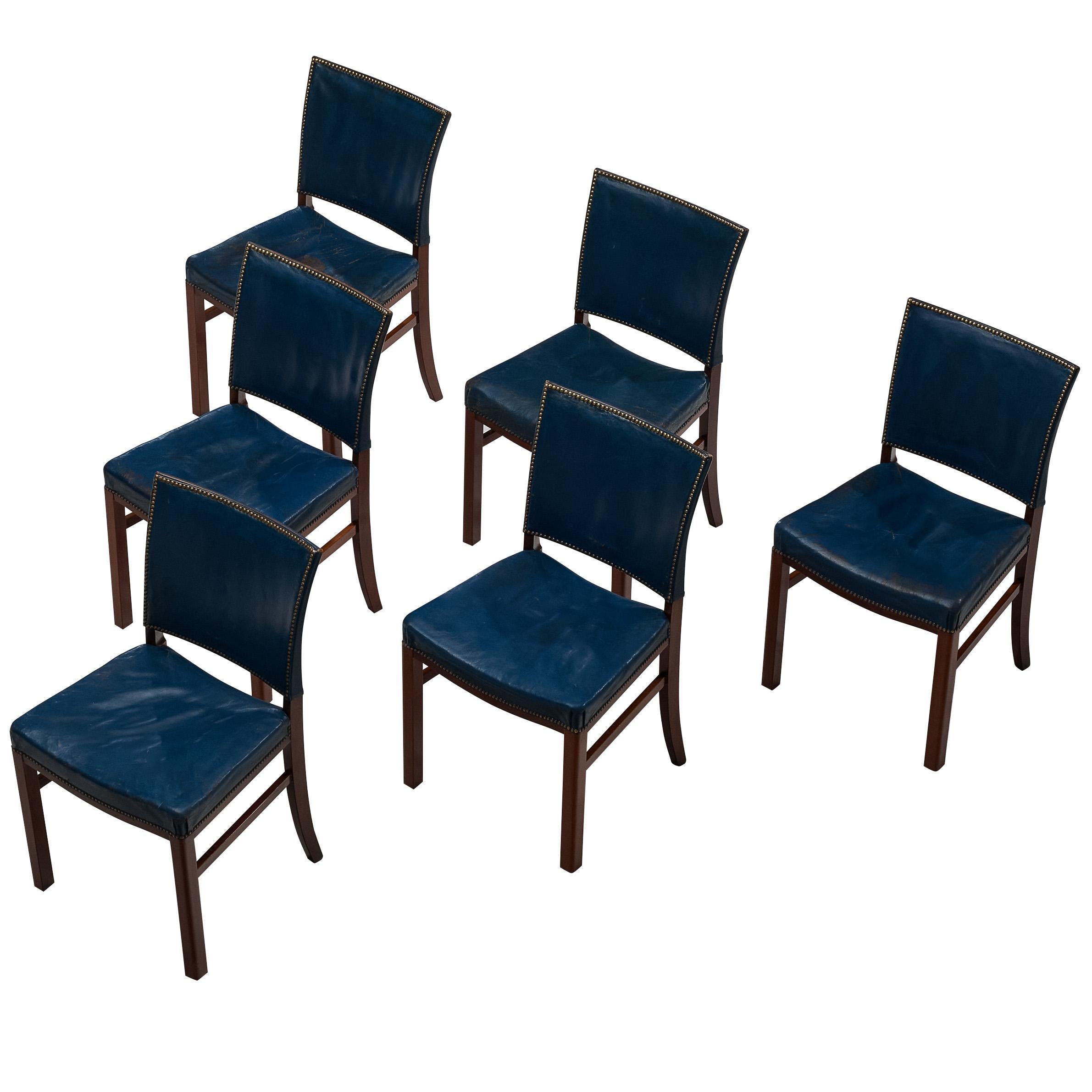 Danish Modern 1940s Set of Six Dining Chairs in Blue Leather and Mahogany