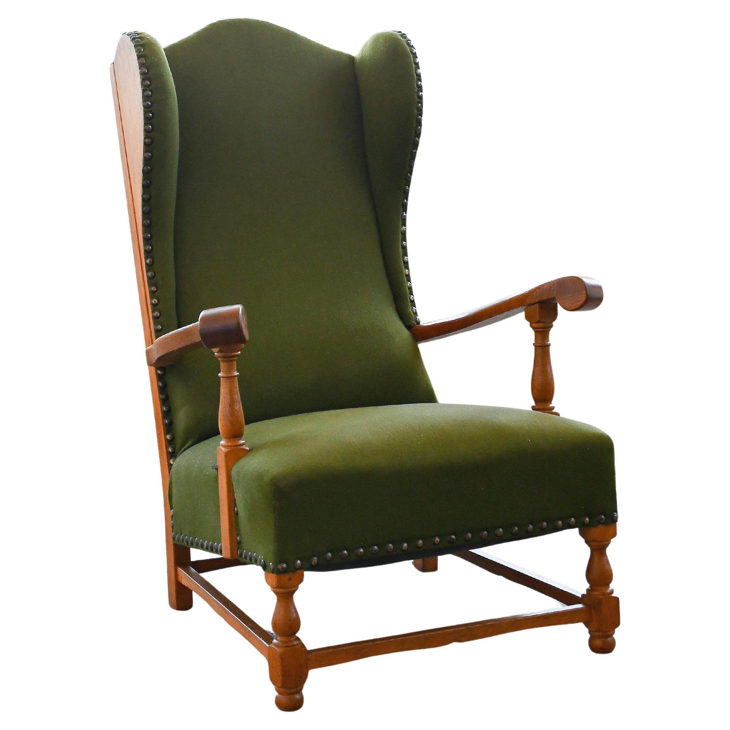Danish Modern 1940s Wingback Lounge Chair With Wooden Wings