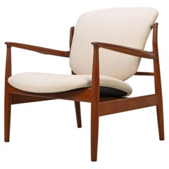 Danish Modern 1950 by Finn Juhl Lounge Chair Teak Wool Fabric Cream White