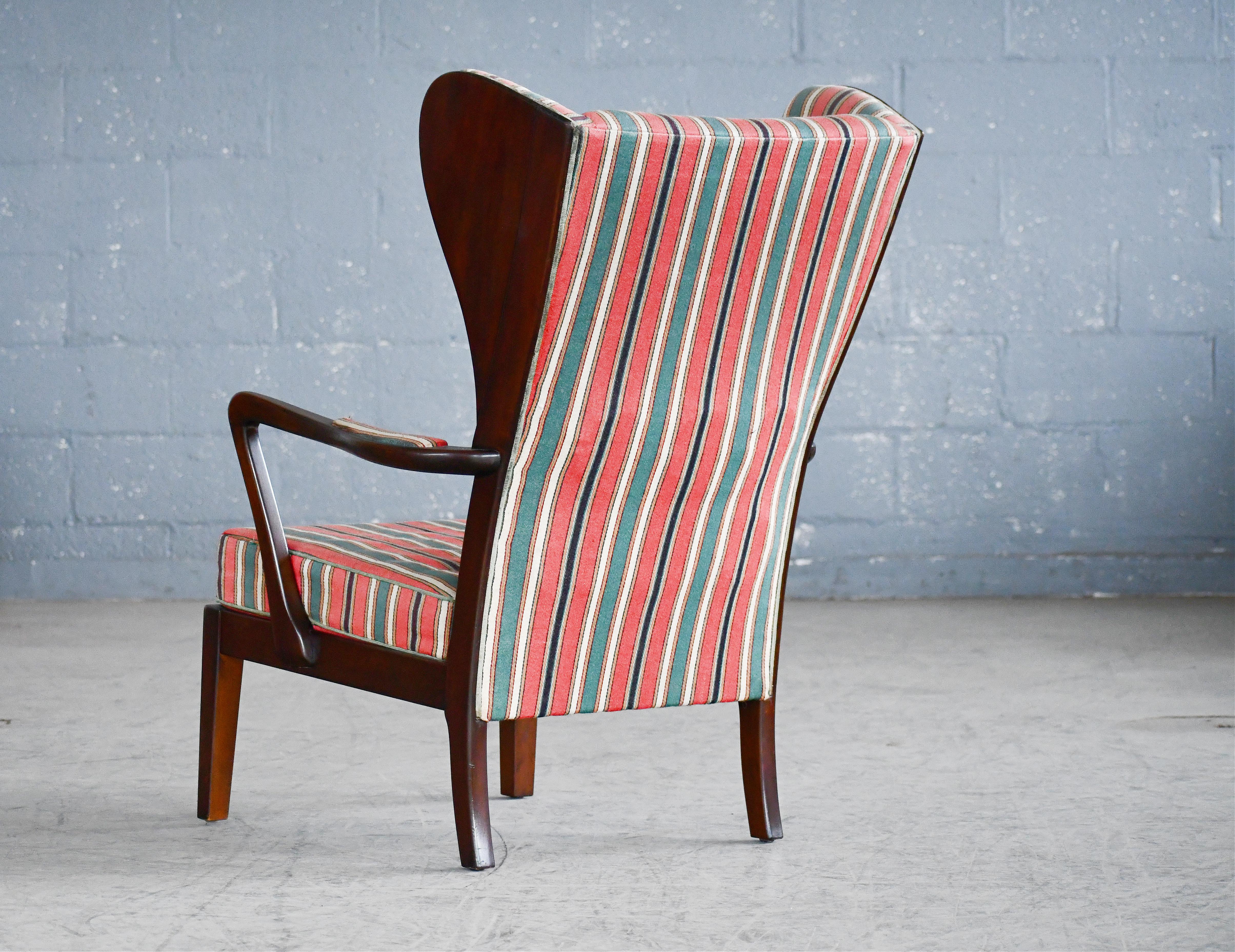 Danish Modern 1950s Highback Lounge Wing Chair Attributed to Fritz Hansen For Sale 3