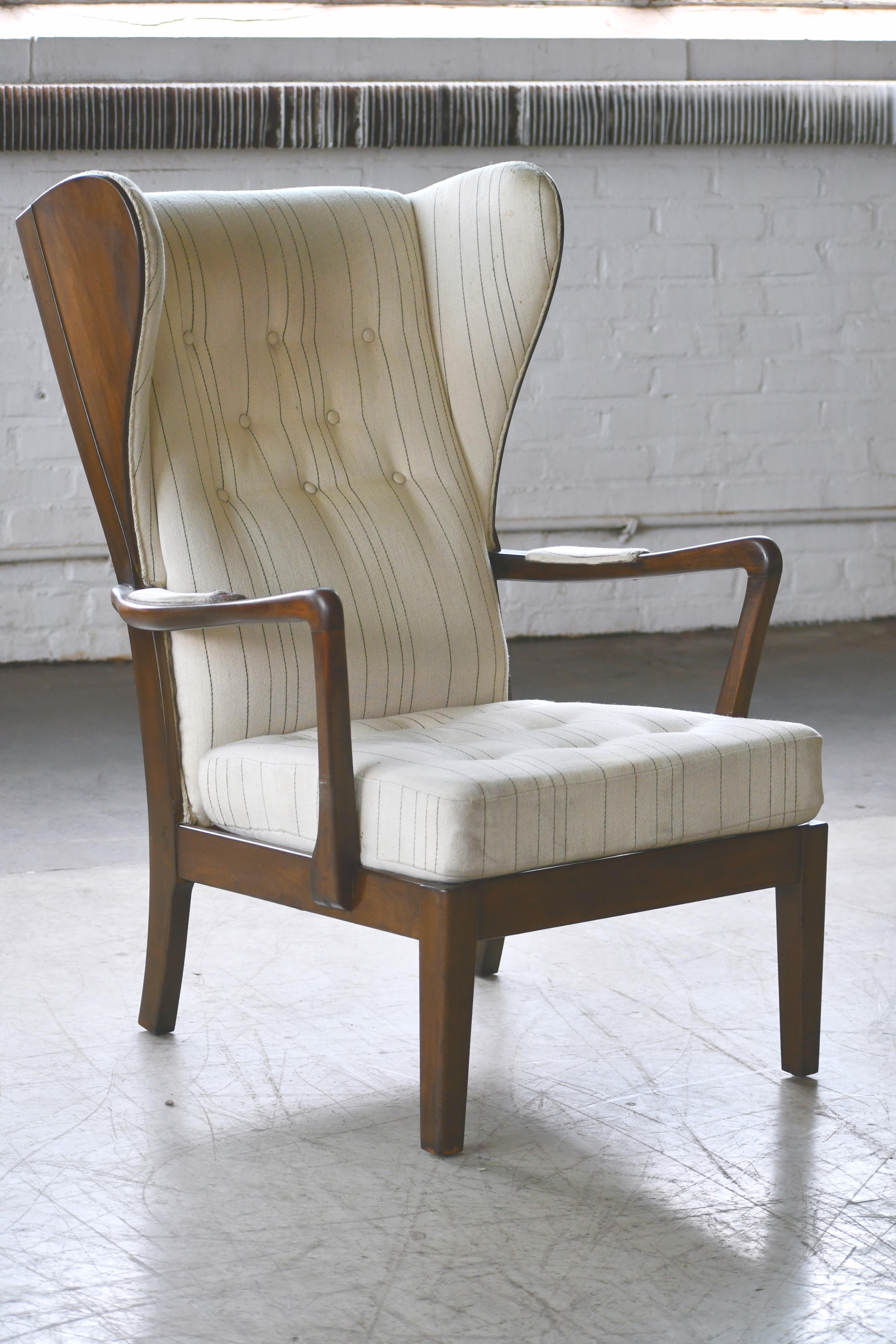 Mid-Century Modern Danish Modern 1950s Highback Lounge Wing Chair Attributed to Fritz Hansen