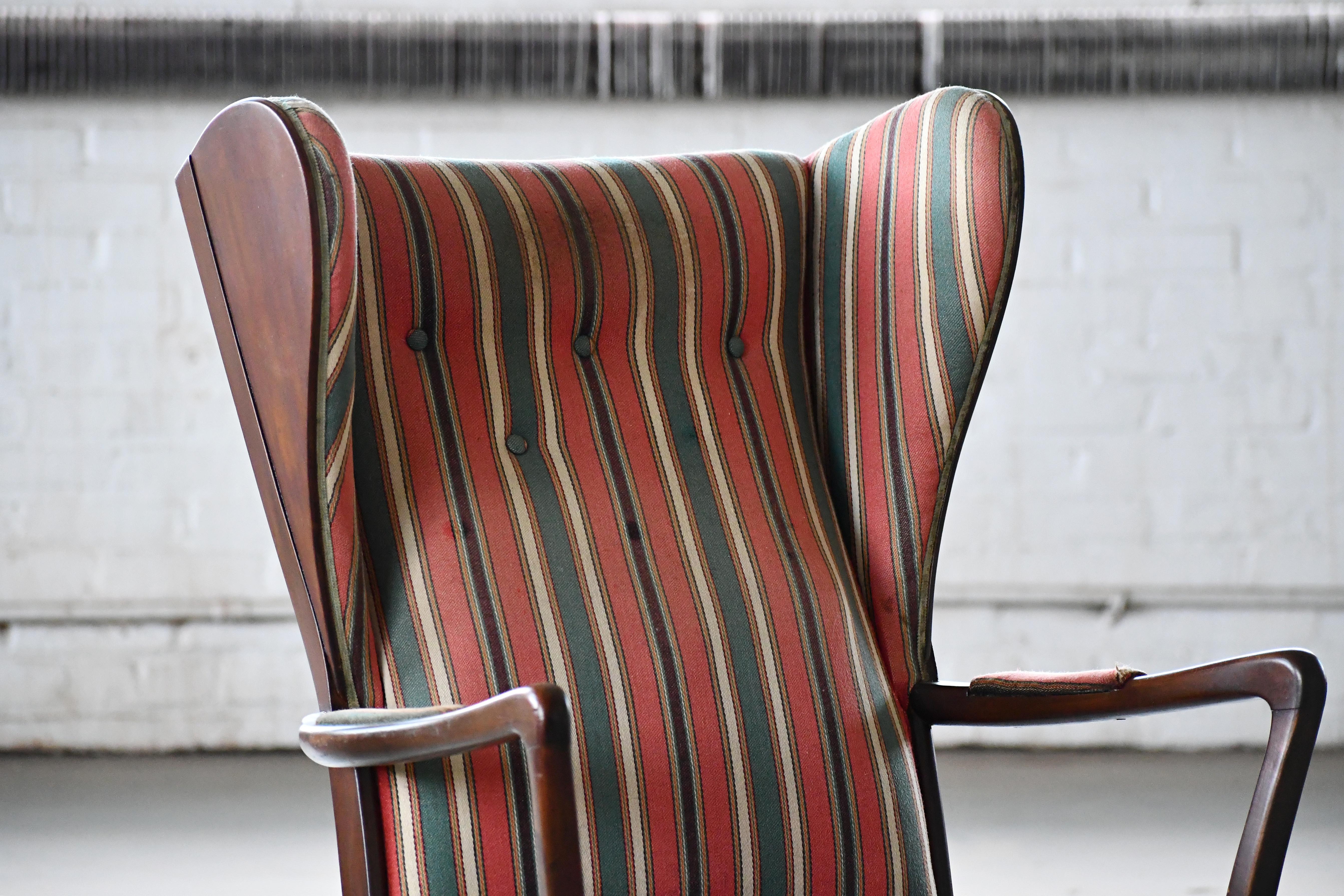 Mid-Century Modern Danish Modern 1950s Highback Lounge Wing Chair Attributed to Fritz Hansen For Sale
