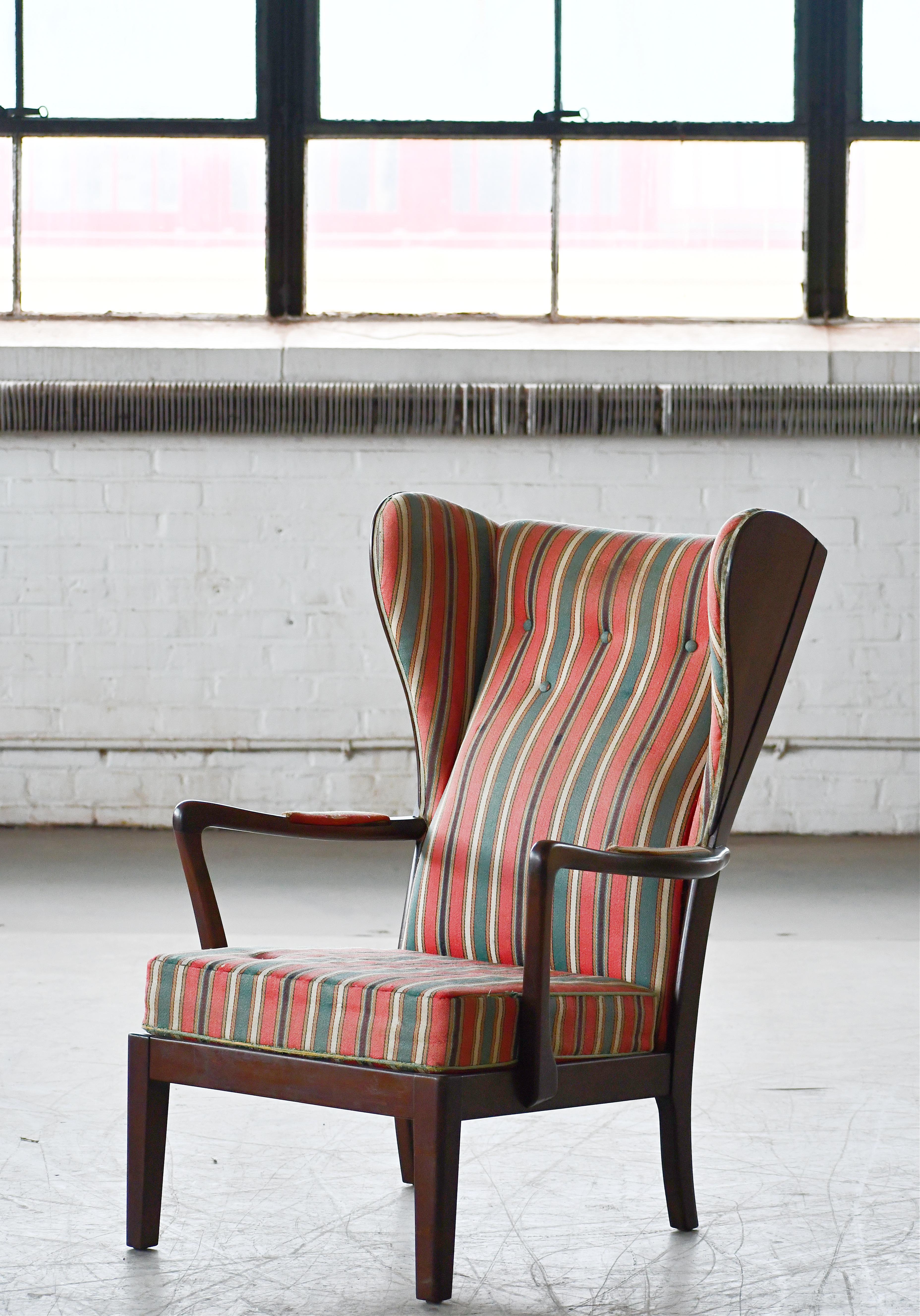 Mid-20th Century Danish Modern 1950s Highback Lounge Wing Chair Attributed to Fritz Hansen