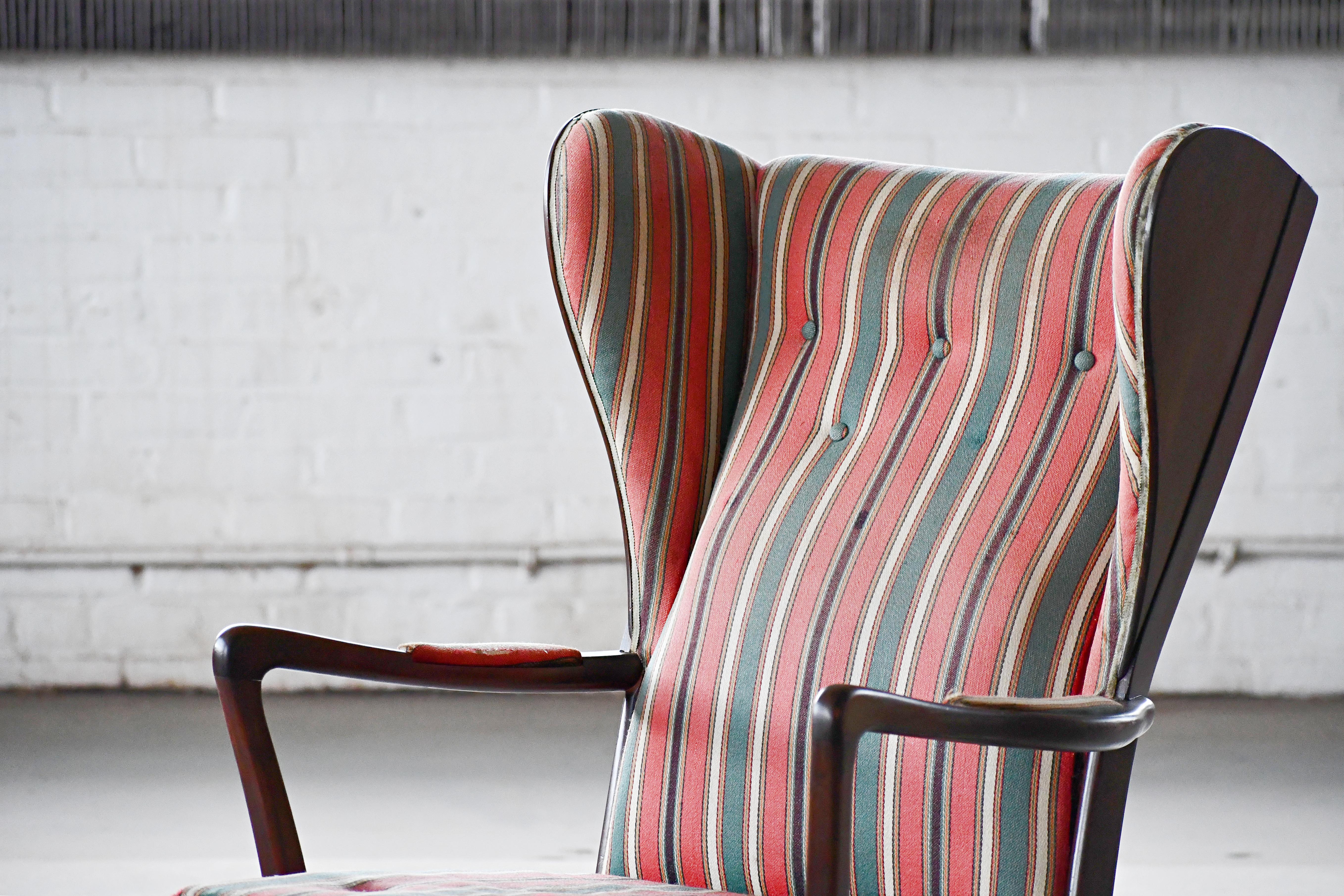 Beech Danish Modern 1950s Highback Lounge Wing Chair Attributed to Fritz Hansen For Sale