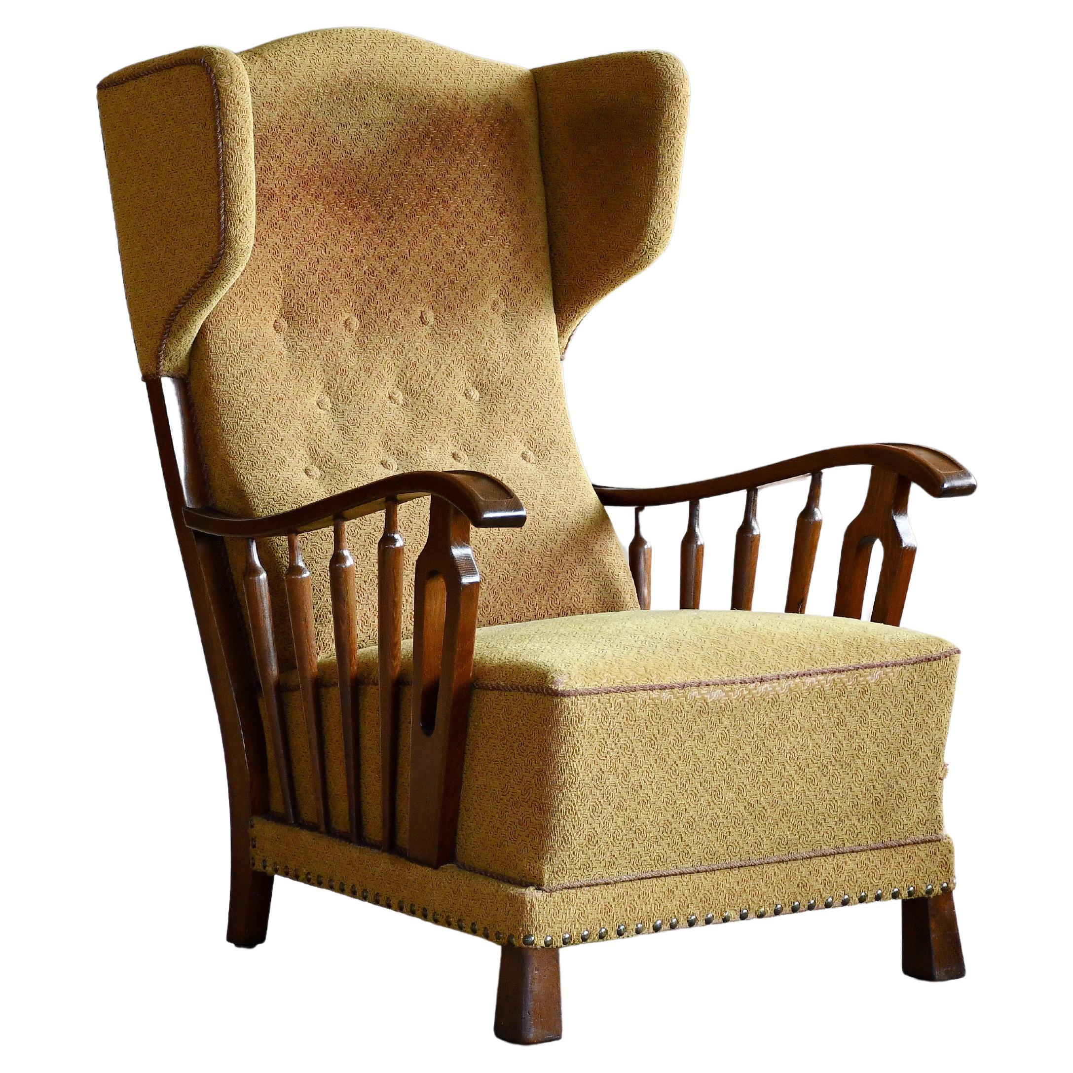 Danish Modern 1950s Highback Lounge Wing Chair With Wooden Armrests