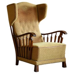 Danish Modern 1950s Highback Lounge Wing Chair With Wooden Armrests