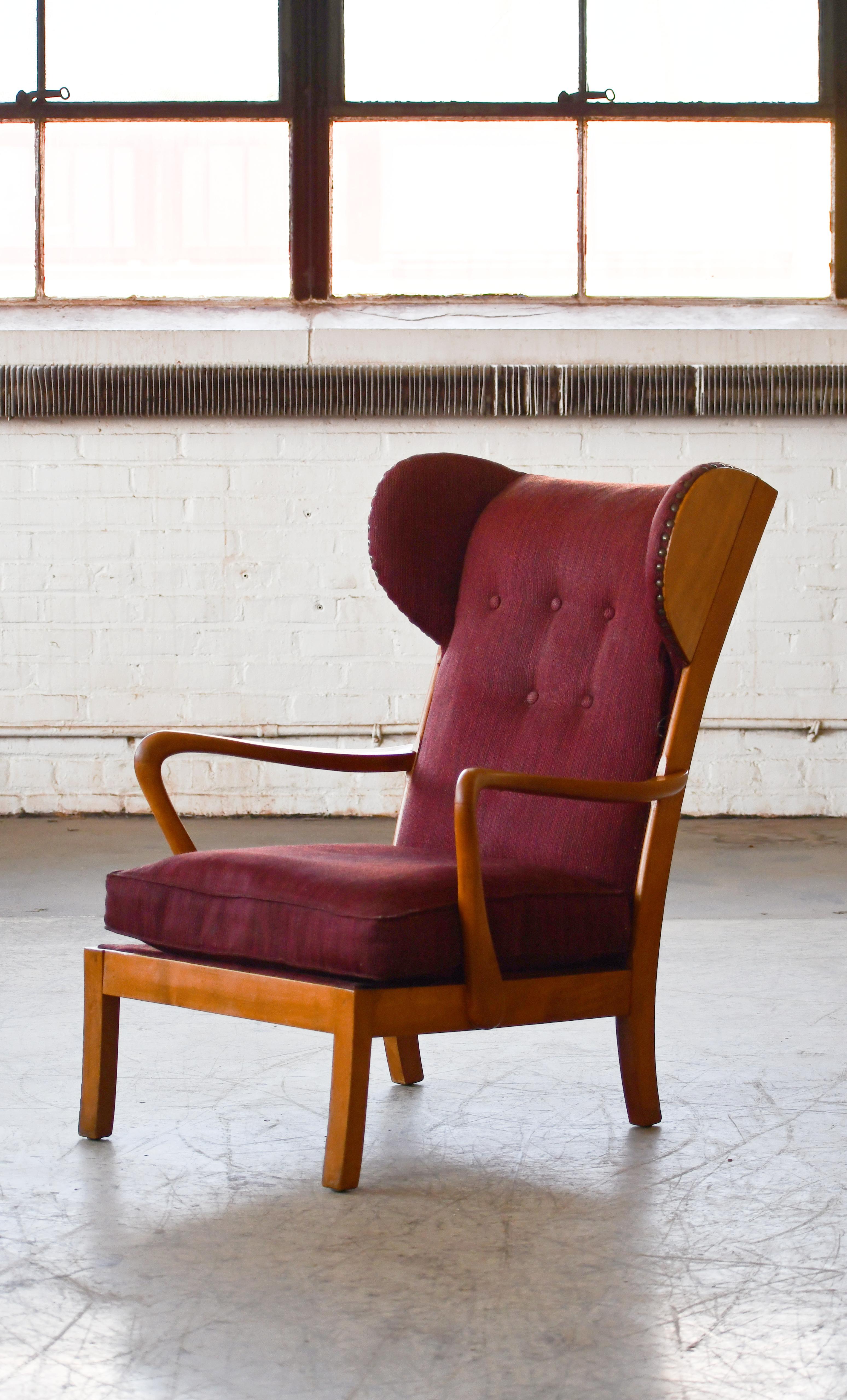 Mid-Century Modern Danish Modern 1950s Highback Lounge Wing Chair With Wooden Wings