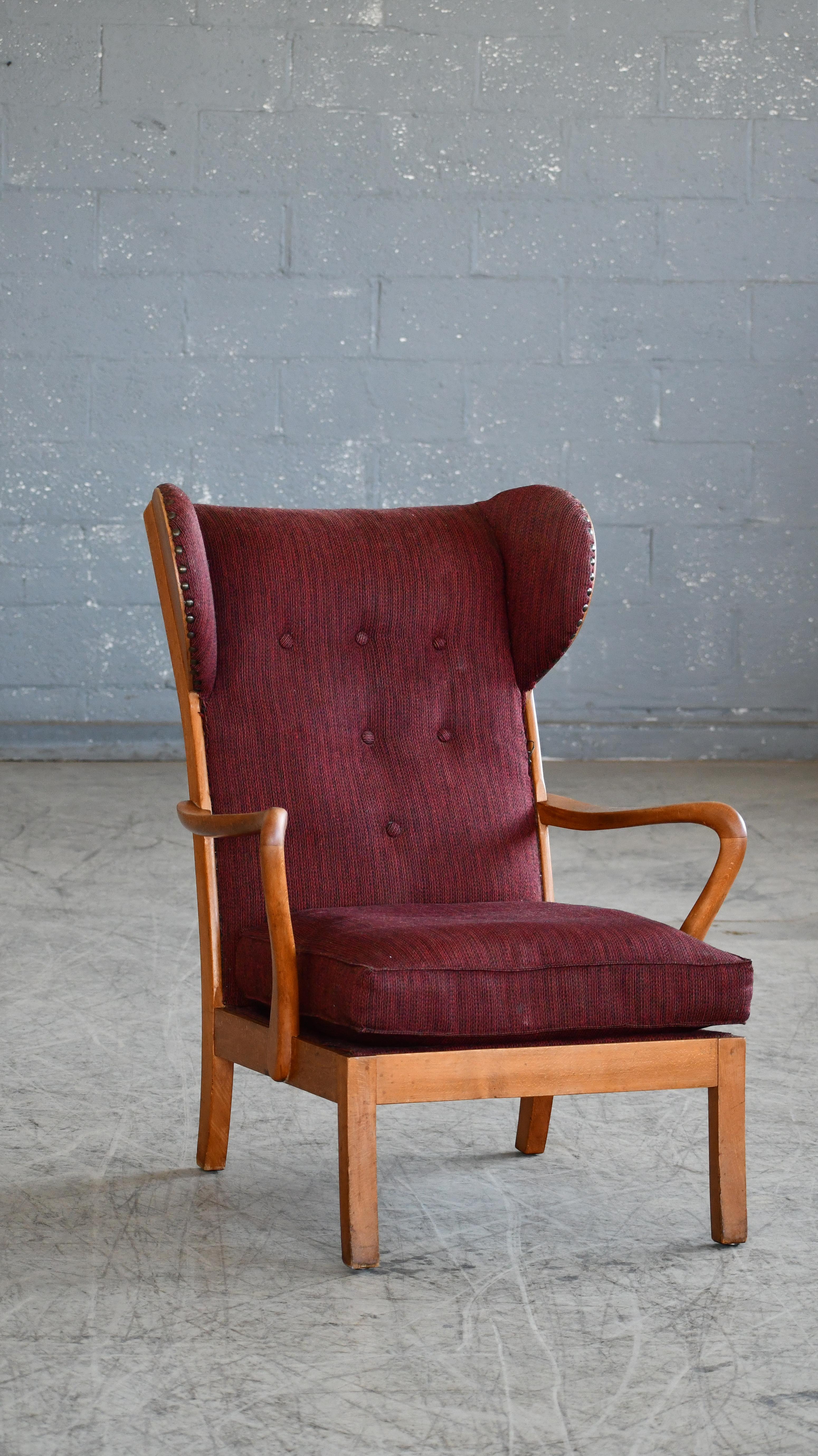 Wool Danish Modern 1950s Highback Lounge Wing Chair With Wooden Wings