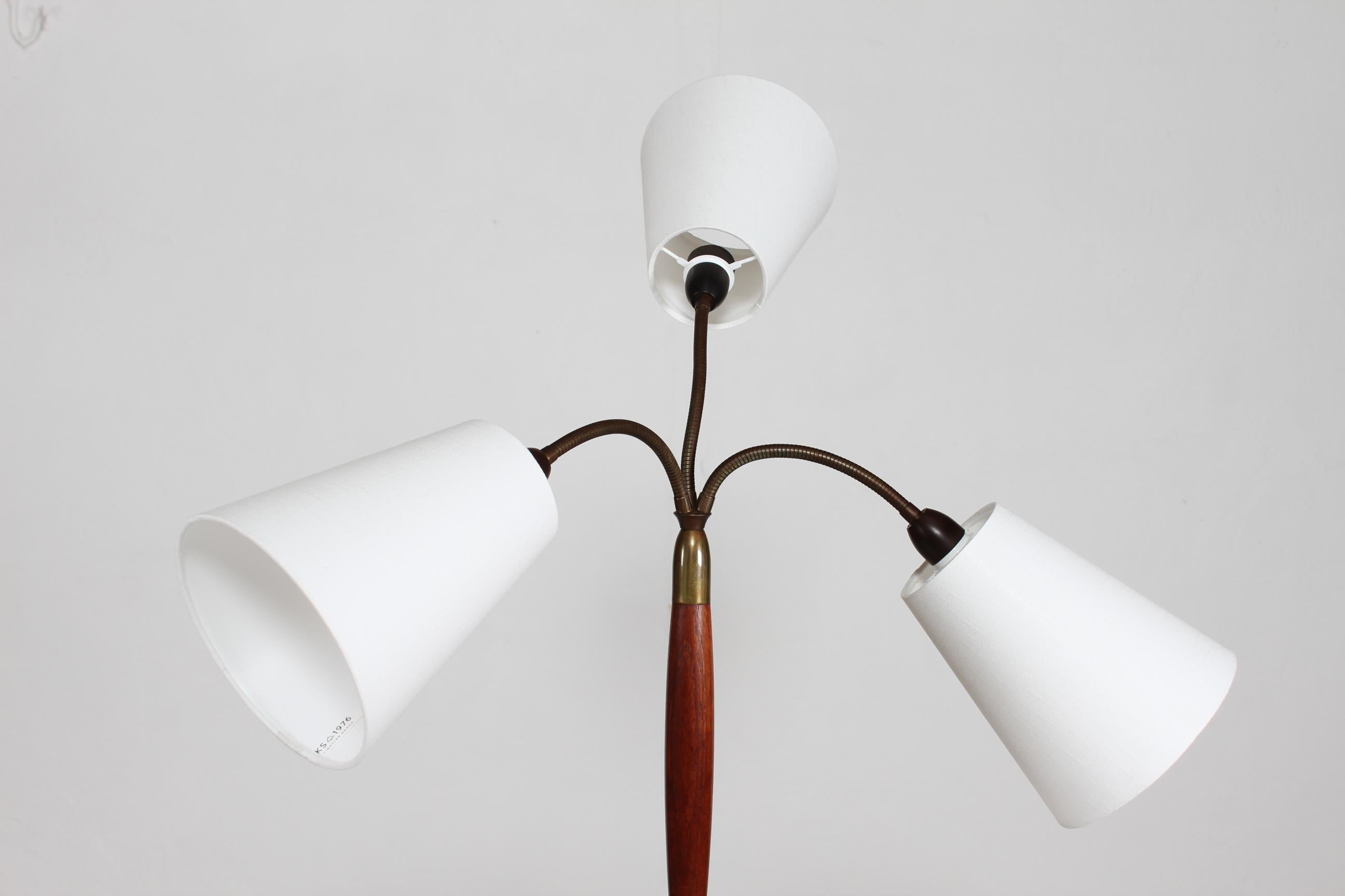 20th Century Danish Modern 1950s Three-Armed Floor Lamp of Teak and Brass with New Shades 