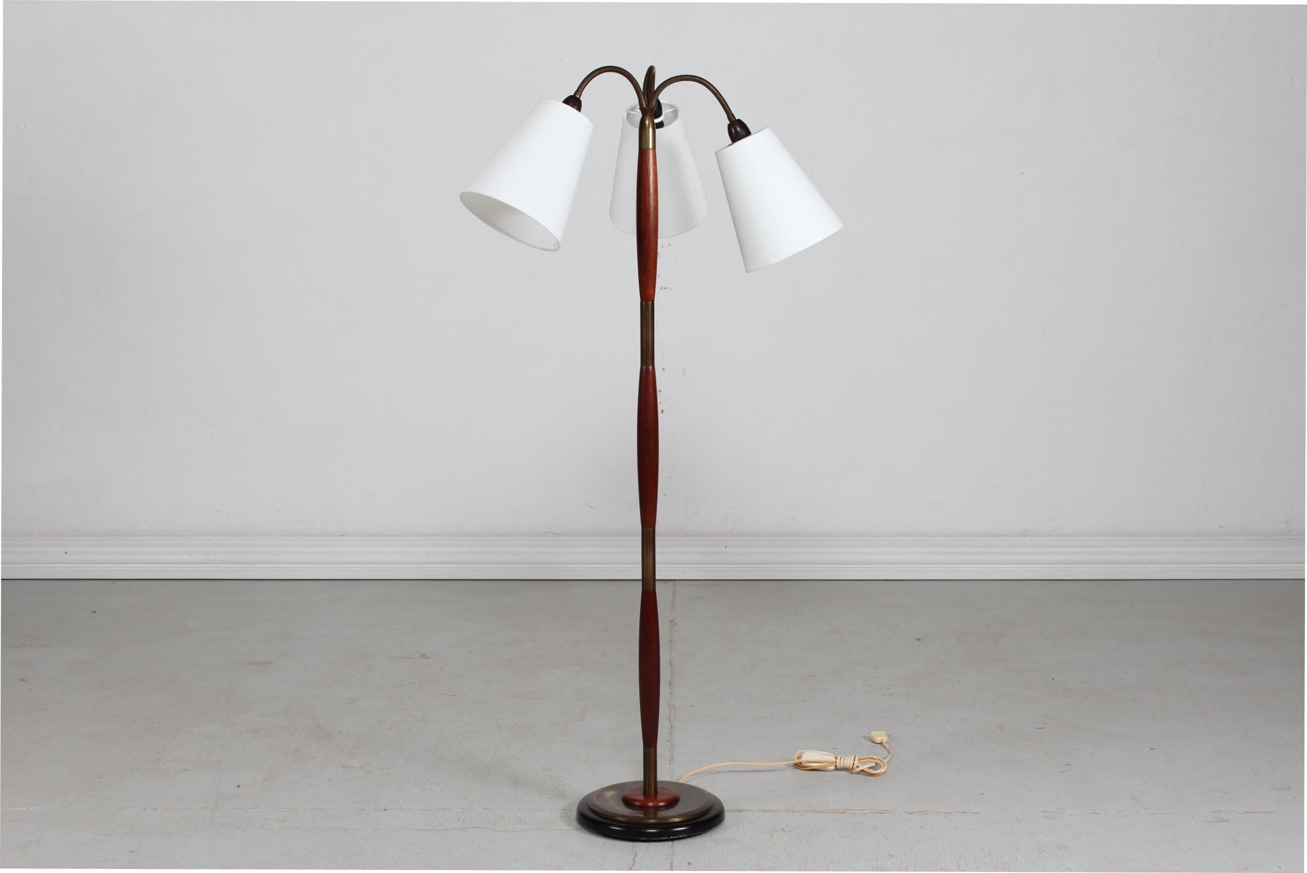 Danish Modern 1950s Three-Armed Floor Lamp of Teak and Brass with New Shades  3