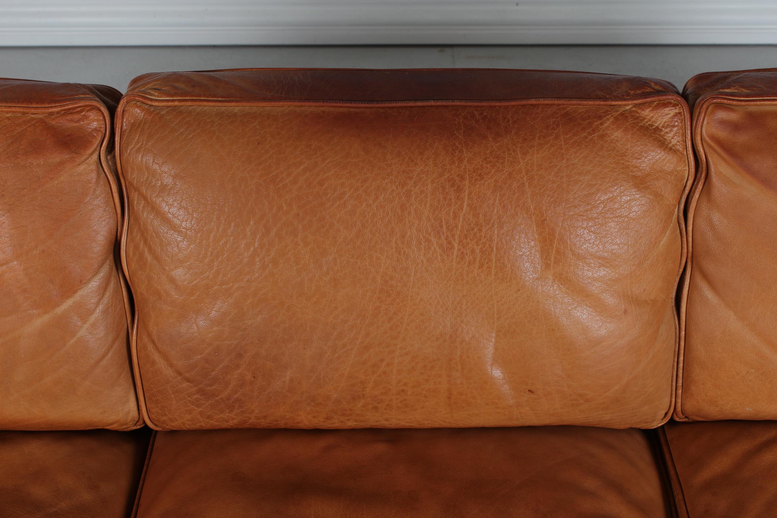 Danish Modern 3-Seat Sofa with Patinated Cognac-Colored Leather 1970s by Stouby 7
