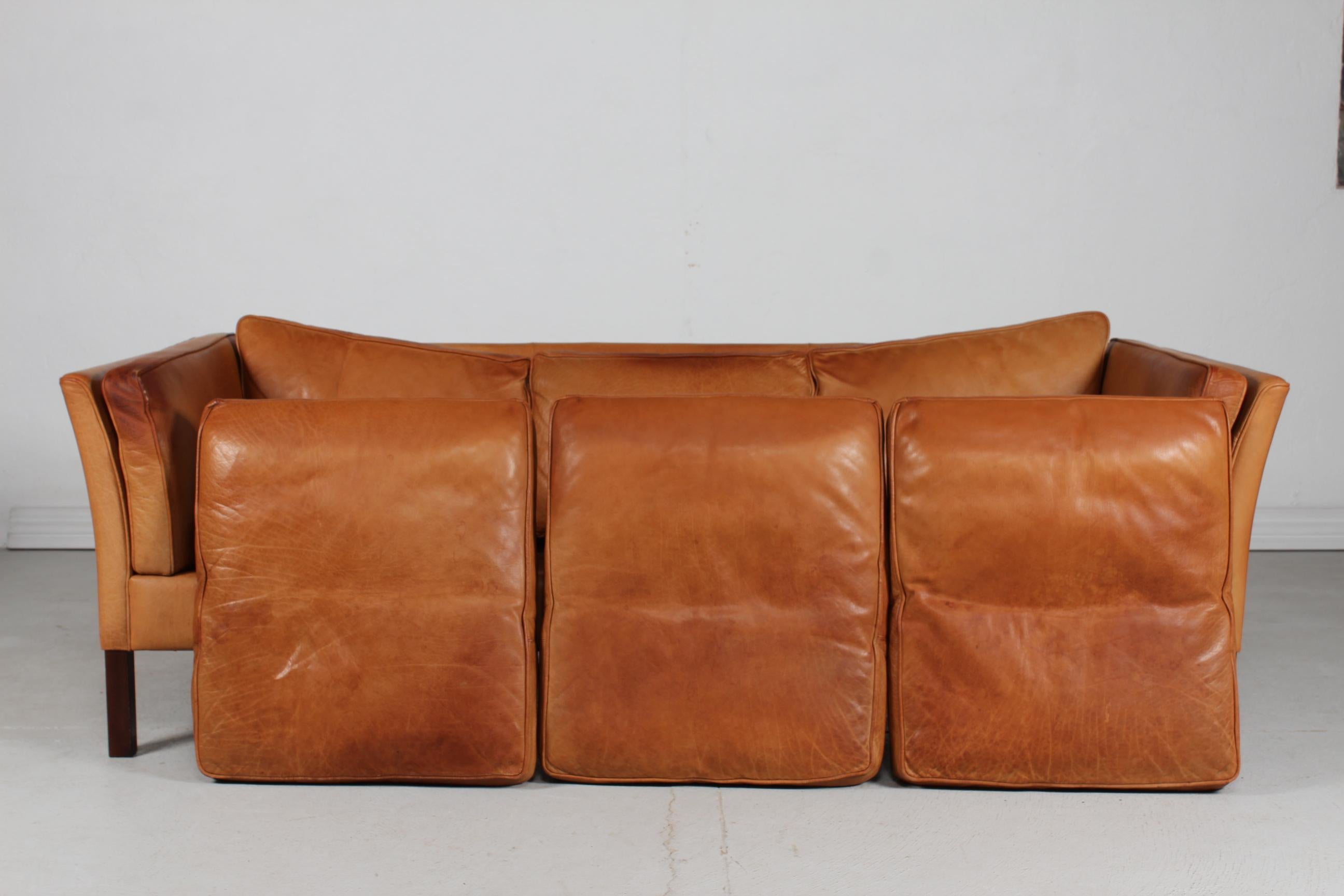 Danish Modern 3-Seat Sofa with Patinated Cognac-Colored Leather 1970s by Stouby 8