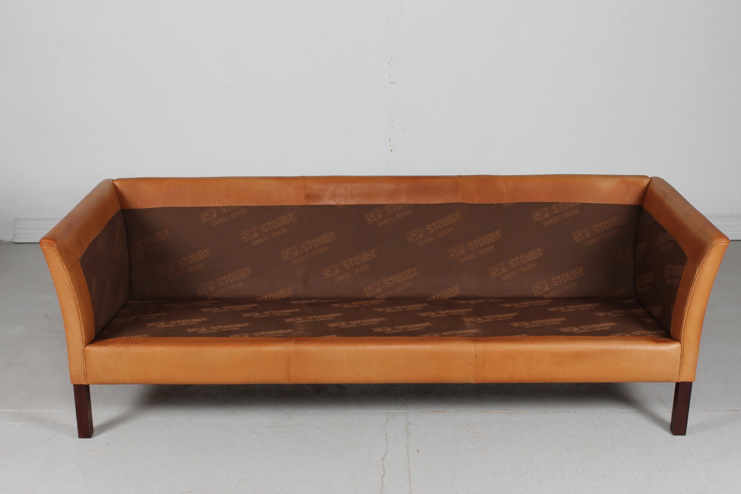 Danish Modern 3-Seat Sofa with Patinated Cognac-Colored Leather 1970s by Stouby 9