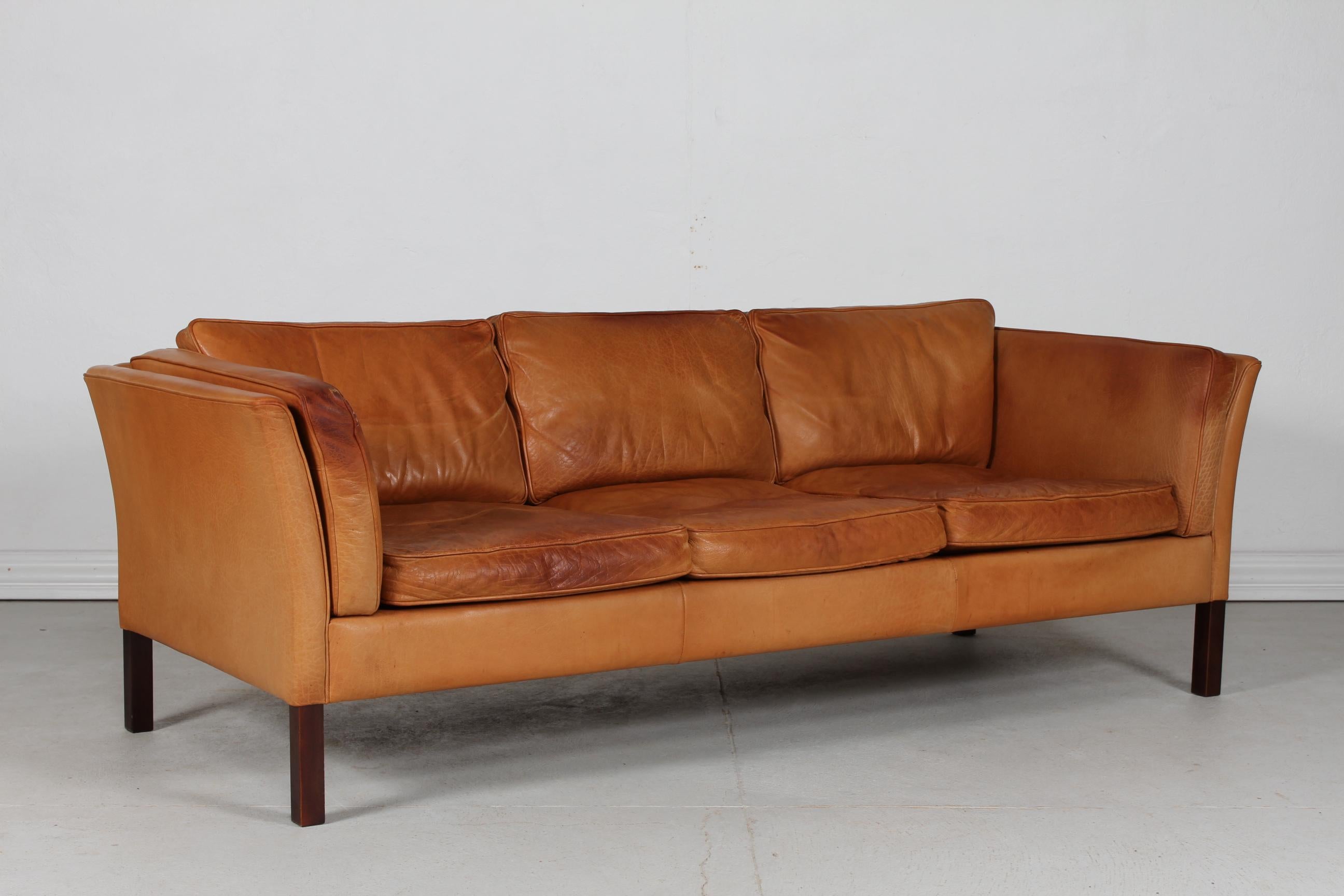 Mid-Century Modern Danish Modern 3-Seat Sofa with Patinated Cognac-Colored Leather 1970s by Stouby