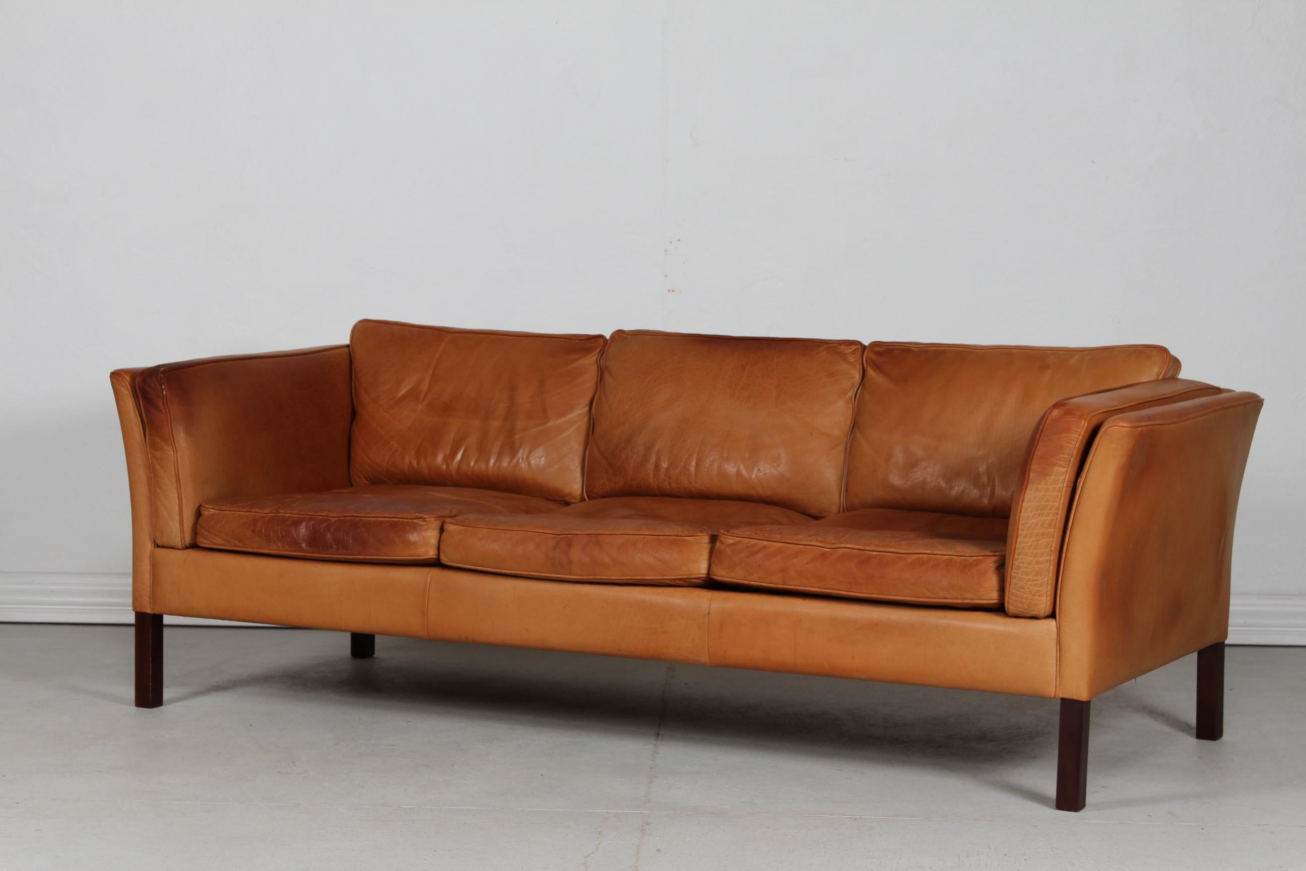 Danish Modern 3-Seat Sofa with Patinated Cognac-Colored Leather 1970s by Stouby In Good Condition In Aarhus C, DK