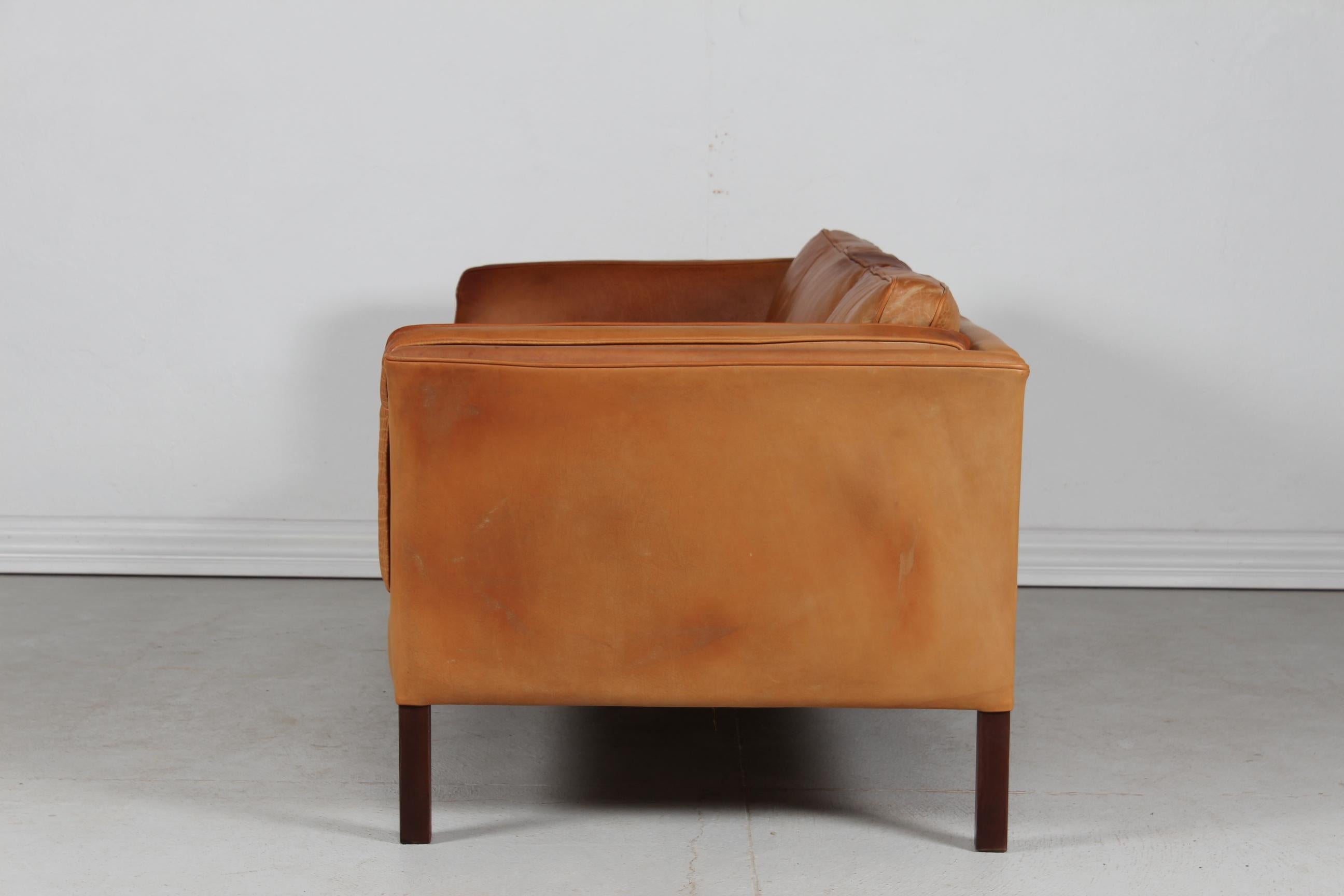 Late 20th Century Danish Modern 3-Seat Sofa with Patinated Cognac-Colored Leather 1970s by Stouby