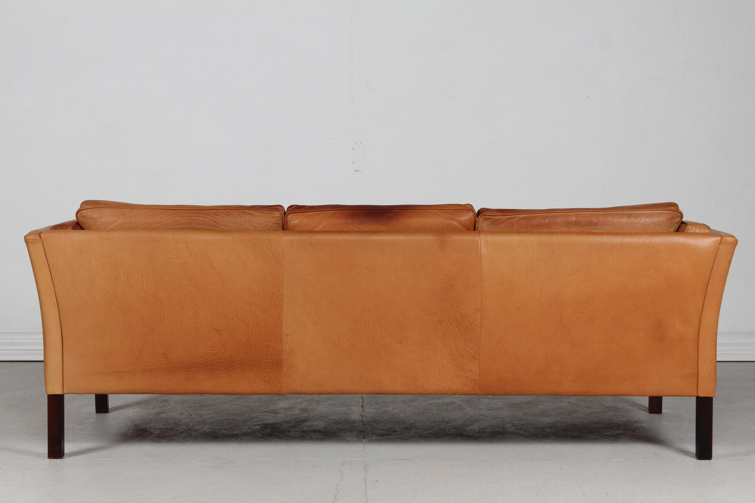 Danish Modern 3-Seat Sofa with Patinated Cognac-Colored Leather 1970s by Stouby 1