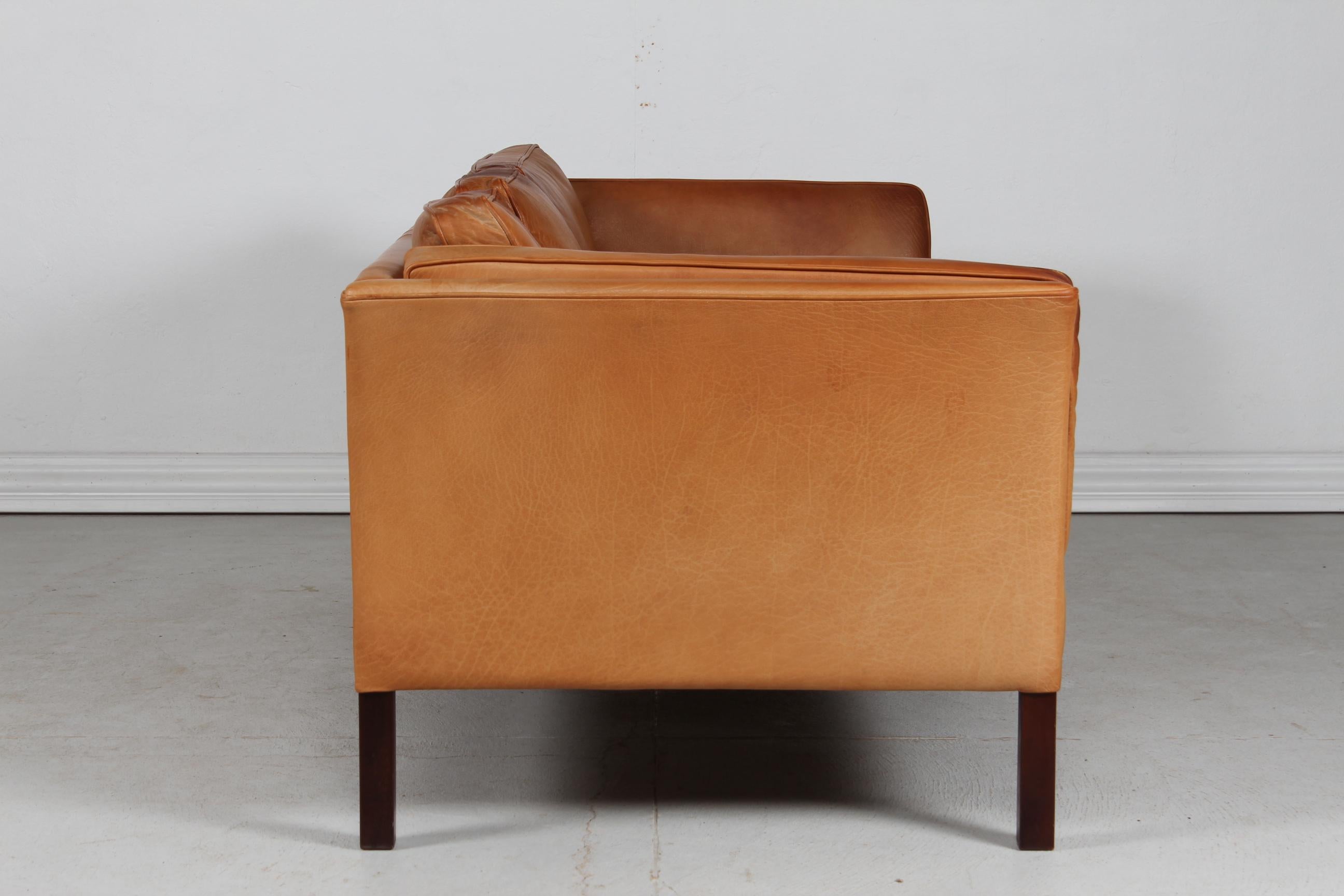 Danish Modern 3-Seat Sofa with Patinated Cognac-Colored Leather 1970s by Stouby 2