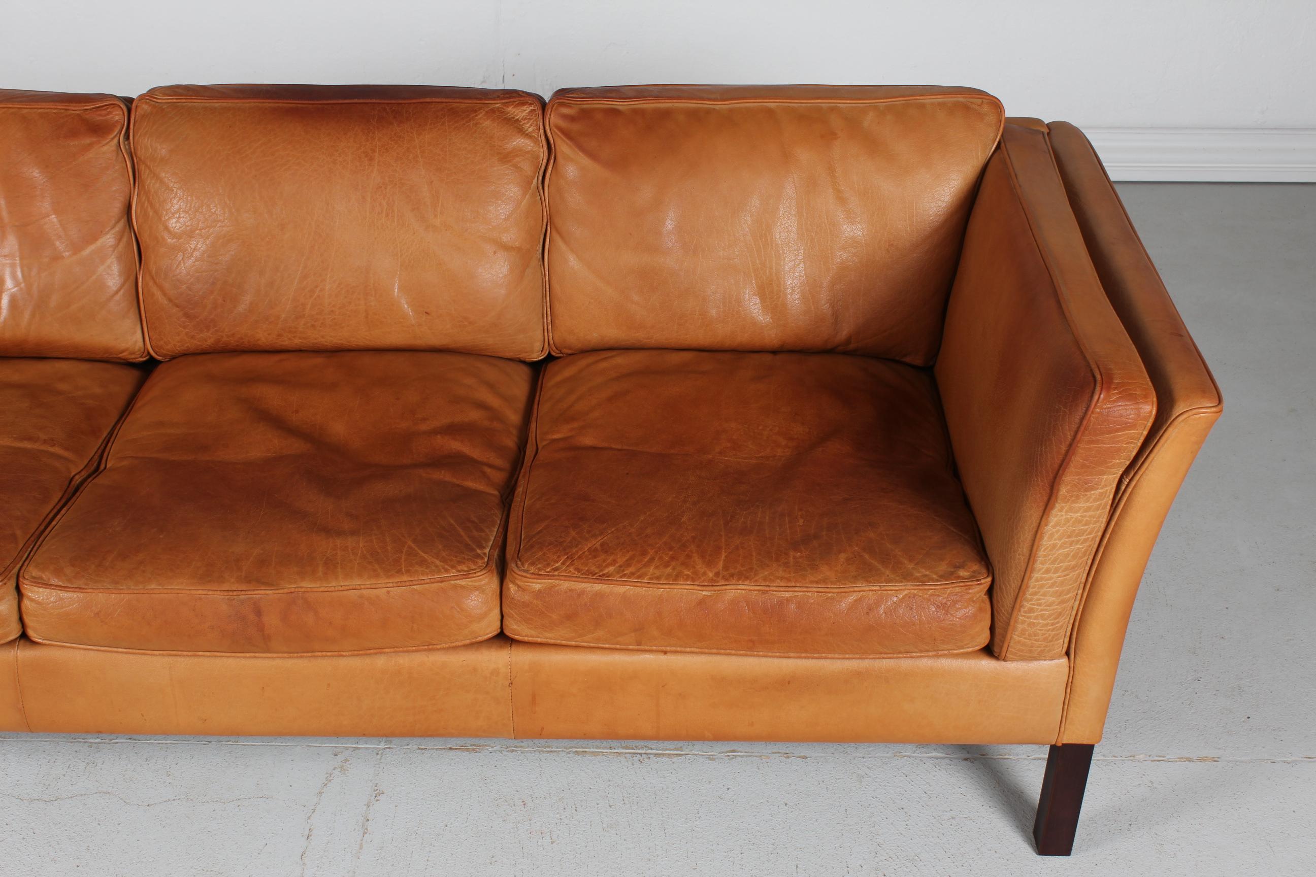 Danish Modern 3-Seat Sofa with Patinated Cognac-Colored Leather 1970s by Stouby 3