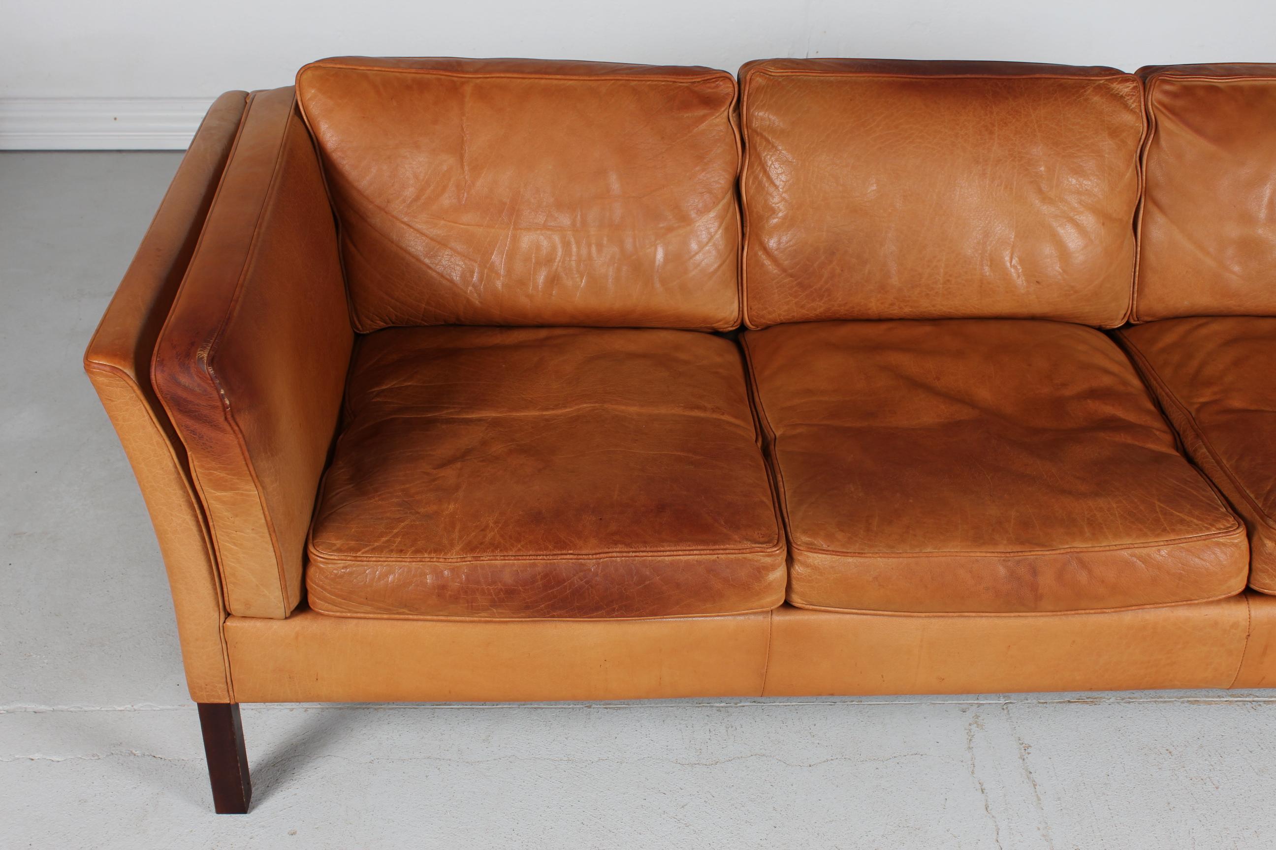 Danish Modern 3-Seat Sofa with Patinated Cognac-Colored Leather 1970s by Stouby 4